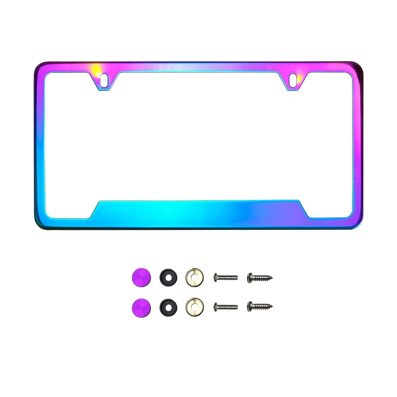 KA Depot Bottom Corner Cut Out Version Neon Neo Chrome Mirror License Plate Frame T304 Stainless Steel + Metal Screw Caps