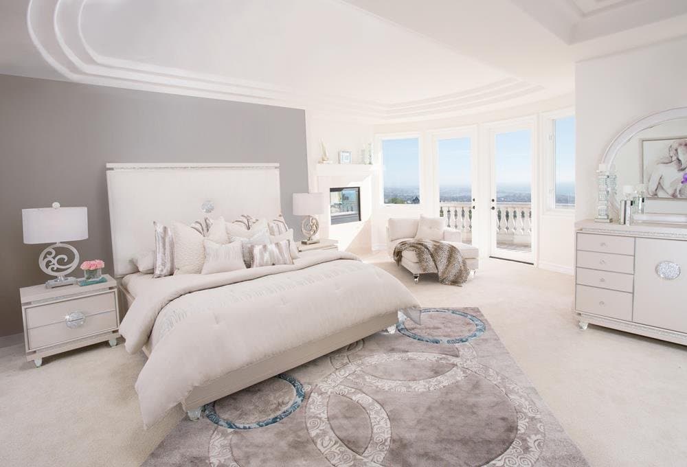 Glimmering Heights 5 PC E King Upholstered Platform Bedroom Set in Ivory by Aico - Bed, Nightstand, Dresser & Mirror, Chest