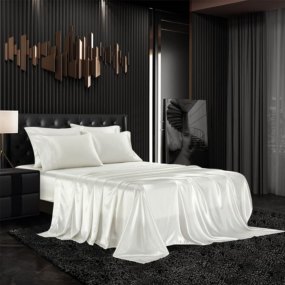 AiMay6 Piece Satin Bedding Sheet Set Queen Off White Deep Pocket 1800 Series Luxury Rich Silk Silky Super Soft Solid Color 4 Pillowcases Reversible Sexy Honeymoon Wrinkle Free (Queen,White)