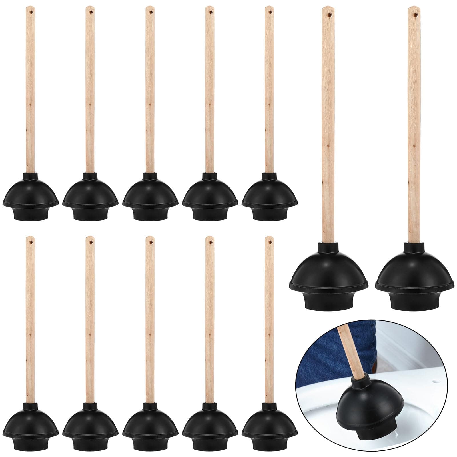 Dandat 12 Pcs Rubber Toilet Plunger with Double Thrust Force Suction Cup Long Wooden Handle Toilet Bowl Plunger Heavy Duty Pump Clogged Solution for Bathroom Stores Restaurants (Black)
