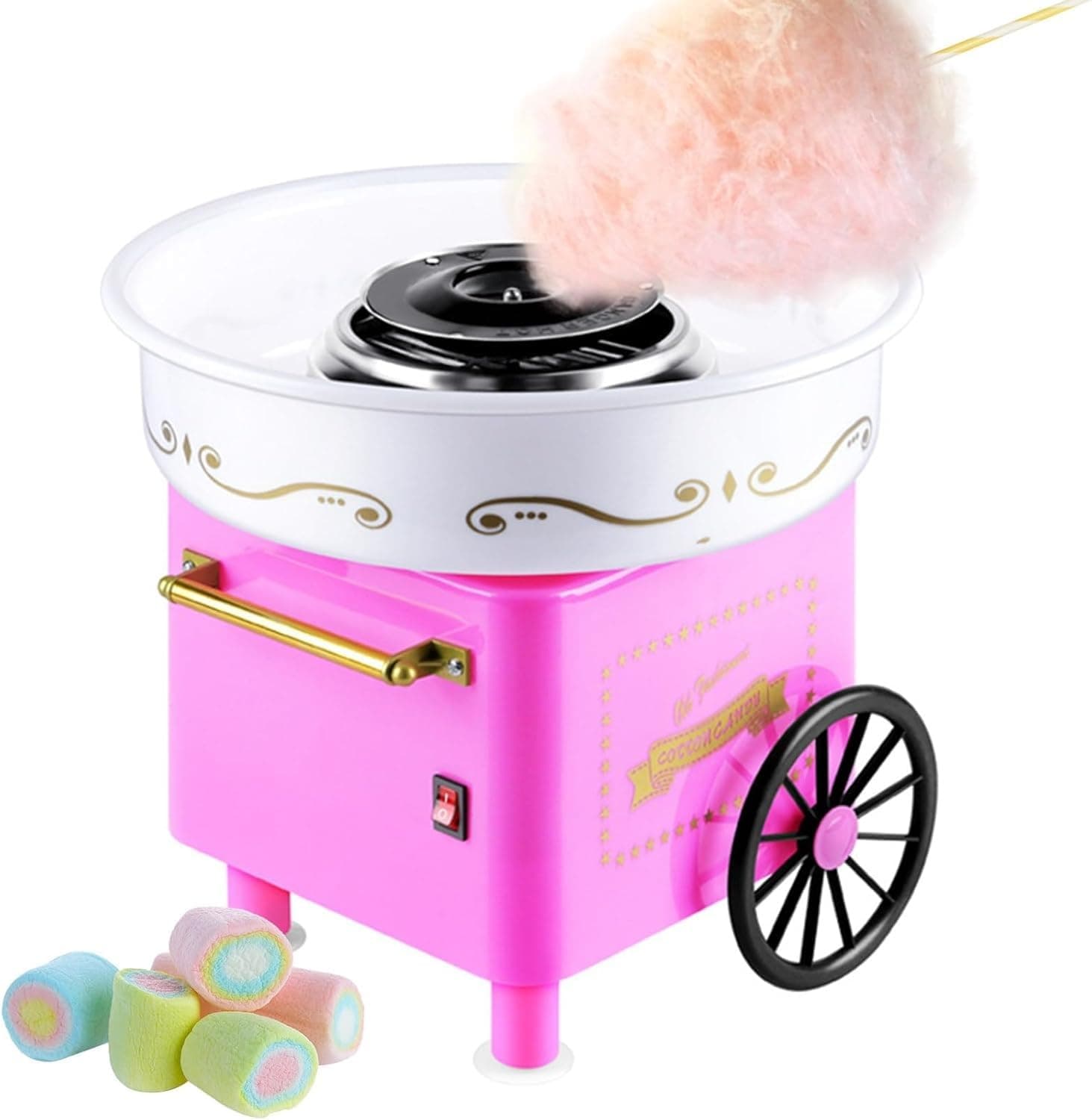 Retro Cotton Candy Machine for Kids, Includes 2 Reusable Cones, 1 Sugar Scoop, 1 Extractor Head, Vintage Hard & Sugar-Free Cotton Candy Maker, Pink