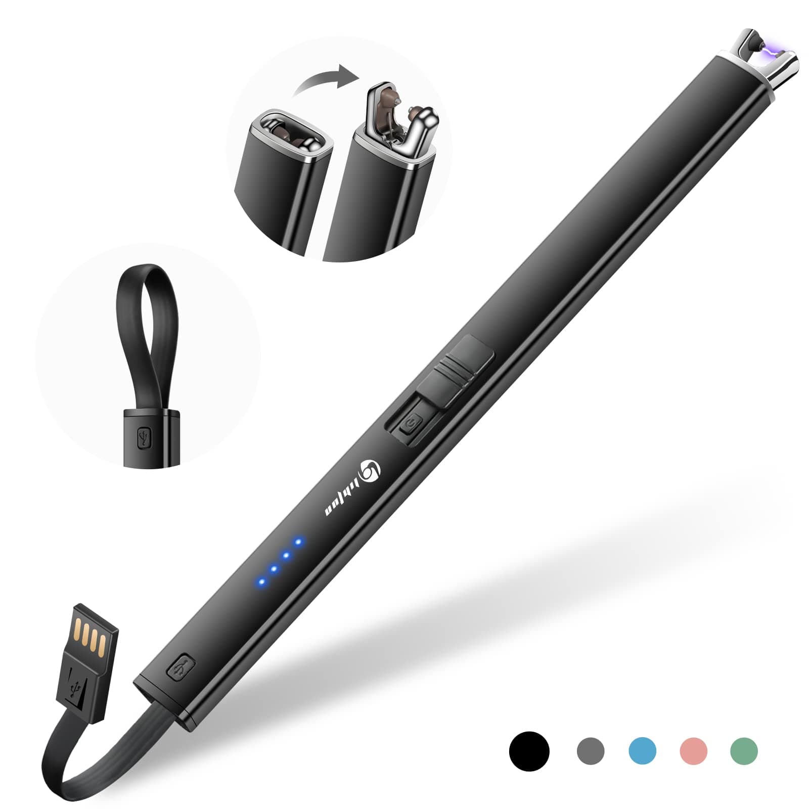 Candle Lighter, Windproof Electric Lighter with LED Battery Display Safety Lock, Flameless Rechargeable Lighter with Built-in USB Cable, Plasma Arc Long Lighter for Candle BBQ Camping Lighters