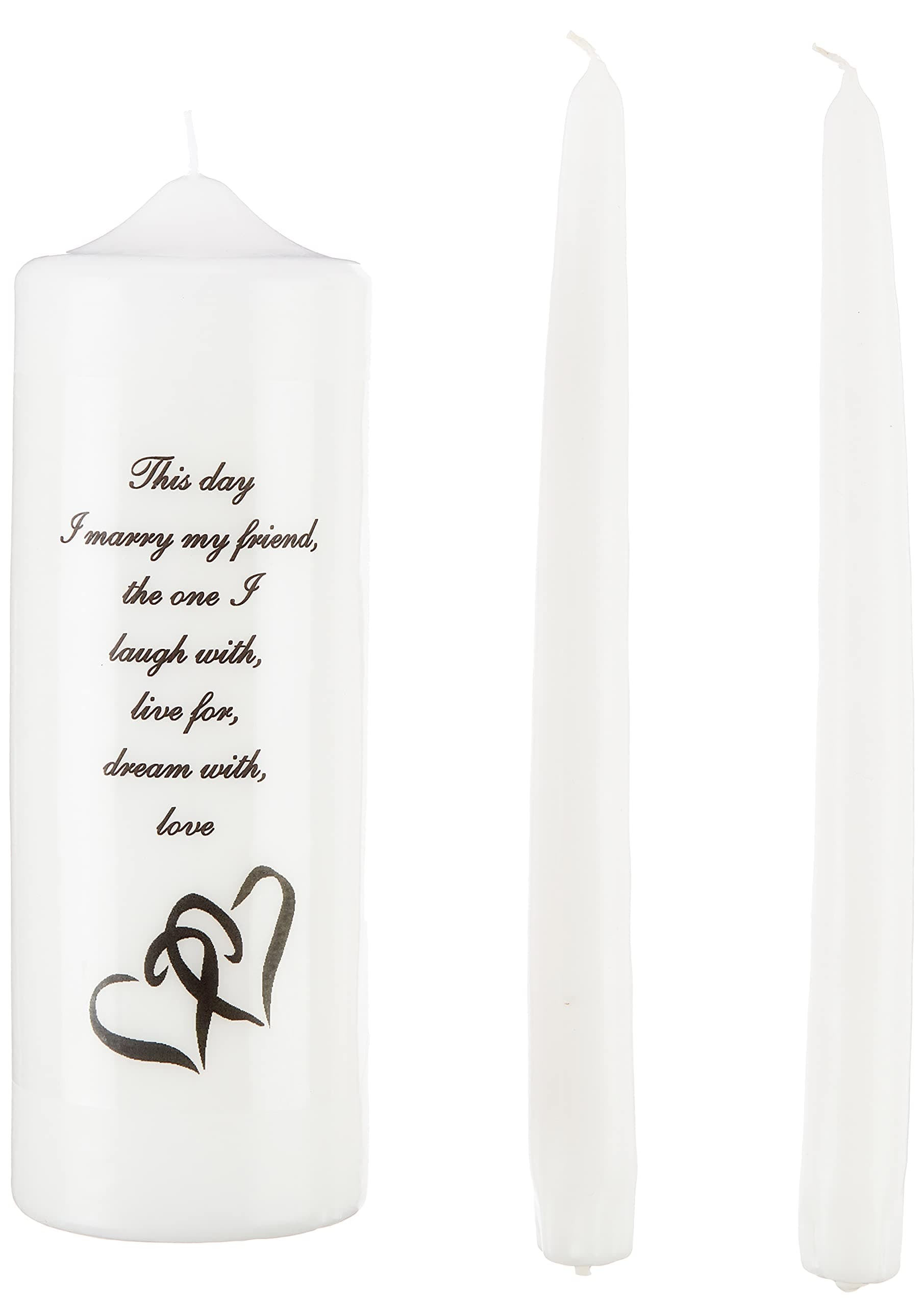 Celebration Candles Wedding Unity Candle Set, with 9-inch Pillar with Double Heart Motif and This Day I Marry my Friend Verse, with 10-inch Taper Candles, Ivory