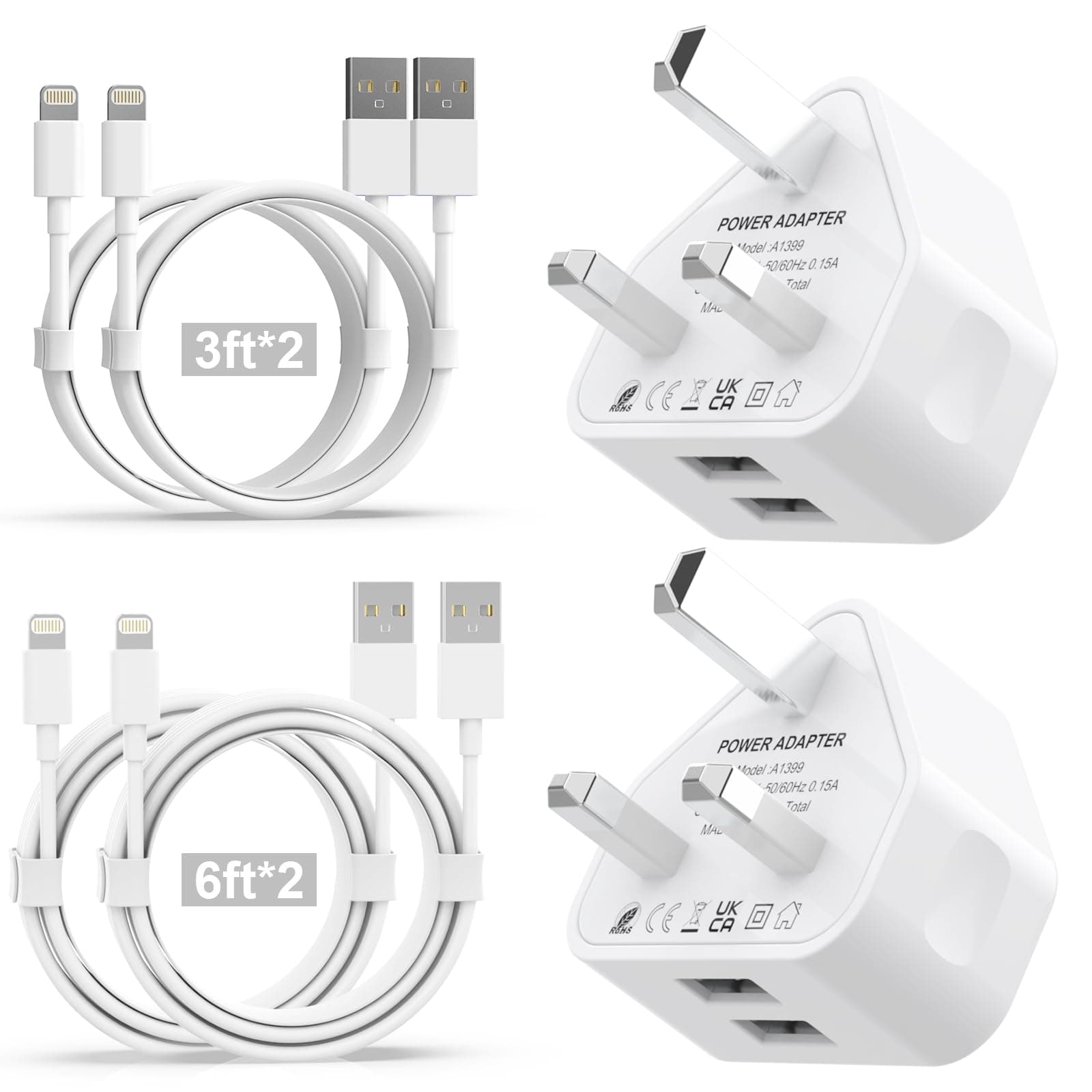 iPhone Charger [MFi Certified] 2Pack Dual Port USB Plug with 4Pack 3/3/6/6FT iPhone Fast Charging Cable for iPhone 14/13/12/11/Pro/Pro Max/Xs/8/7/6/Plus, Pad, 2.4A Mains Charger Power Adapter
