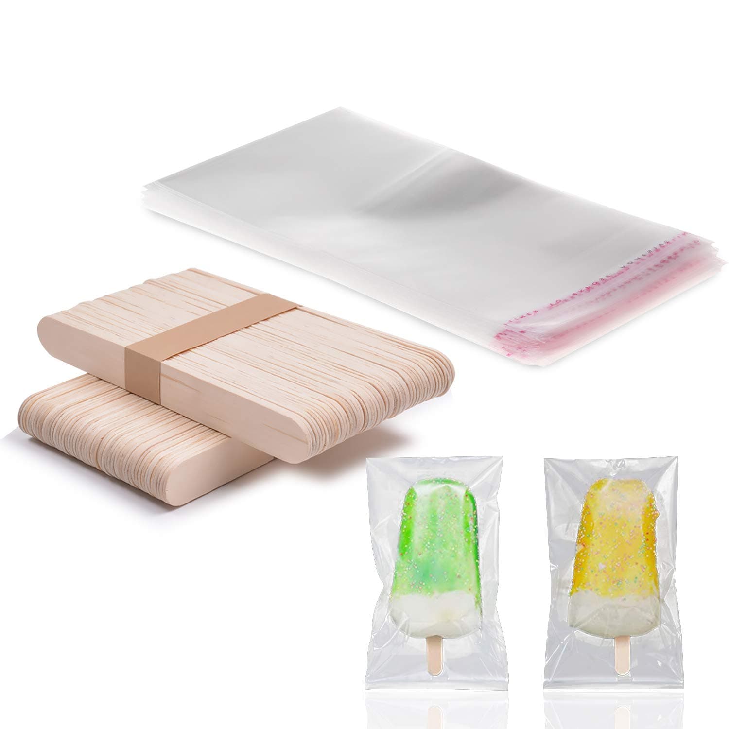 400 Pcs Popsicle Sticks and Bags Set, Includes 200 Pcs Popsicle Bags Disposable Popsicle Molds Bags Ice Pop Bags Ice Cream Freeze Pops Plastic Bags 200 Pcs Popsicle Sticks for DIY Ice Pops Making