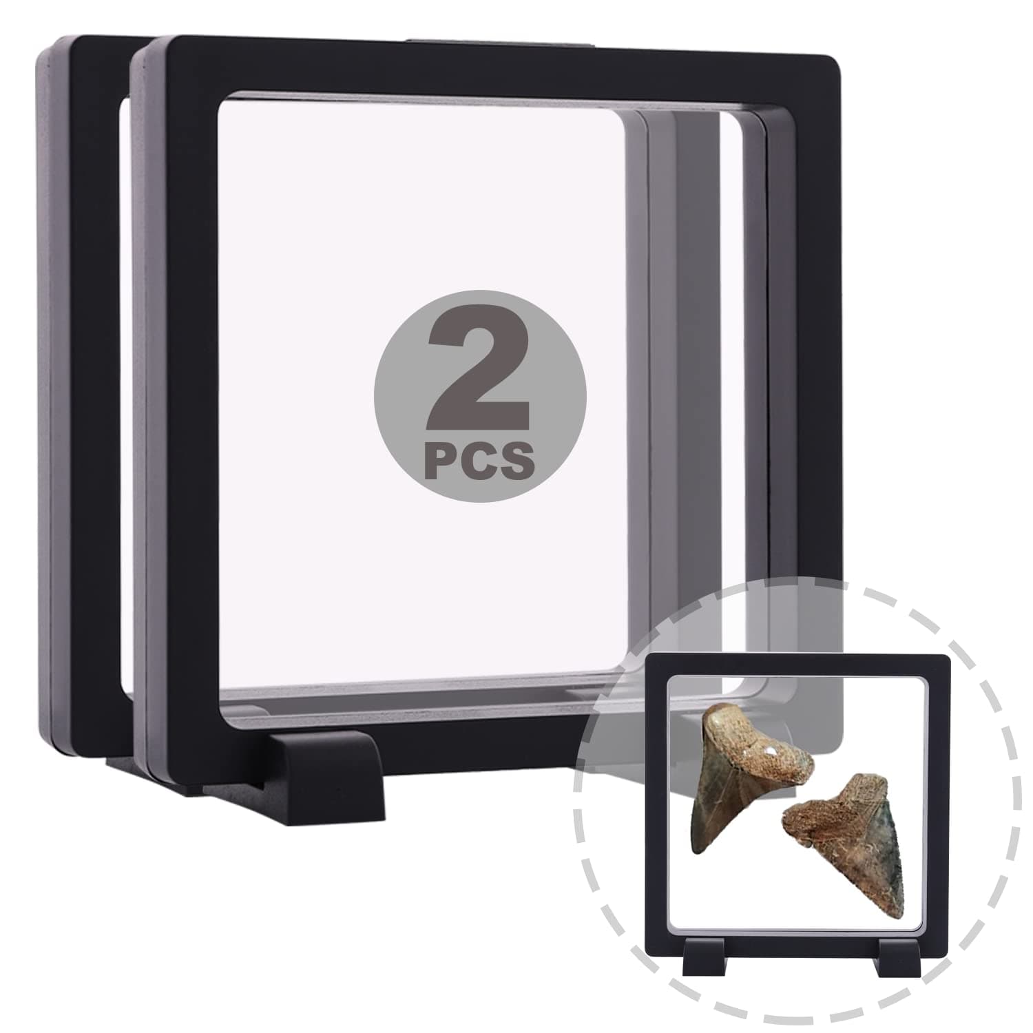 2 Set 5.5 Inch 3D Floating Display Frame Case for Jewelry, YITOU Challenge Coin Display Frame Display Stands Case Holder for Fossil, Rock, Gemstones, Megladon Tooth, Specimens, Floating Frame Case
