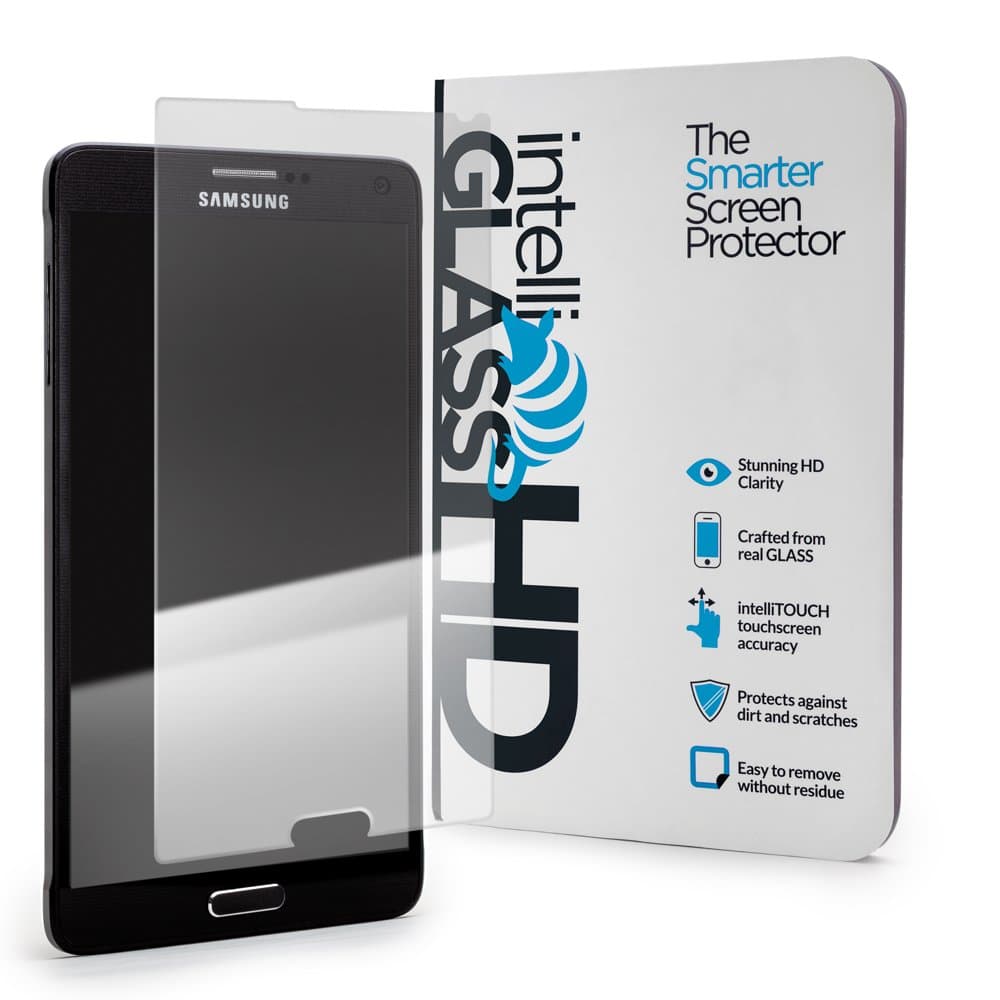Note 4 intelliGLASS - The Smarter Samsung Glass Screen Protector by intelliARMOR to Guard Against Scratches and Drops. HD Clear with Max Touchscreen Accuracy.