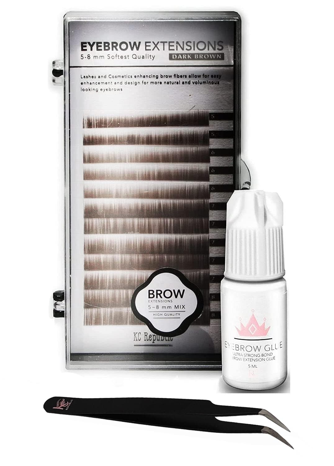 Eyebrow Extensions with Eyebrow Extension Glue Clear with Mink Eyebrows In Dark Brown | Comes on Mixed Length Trays 5-8 mm mix by KC Republic