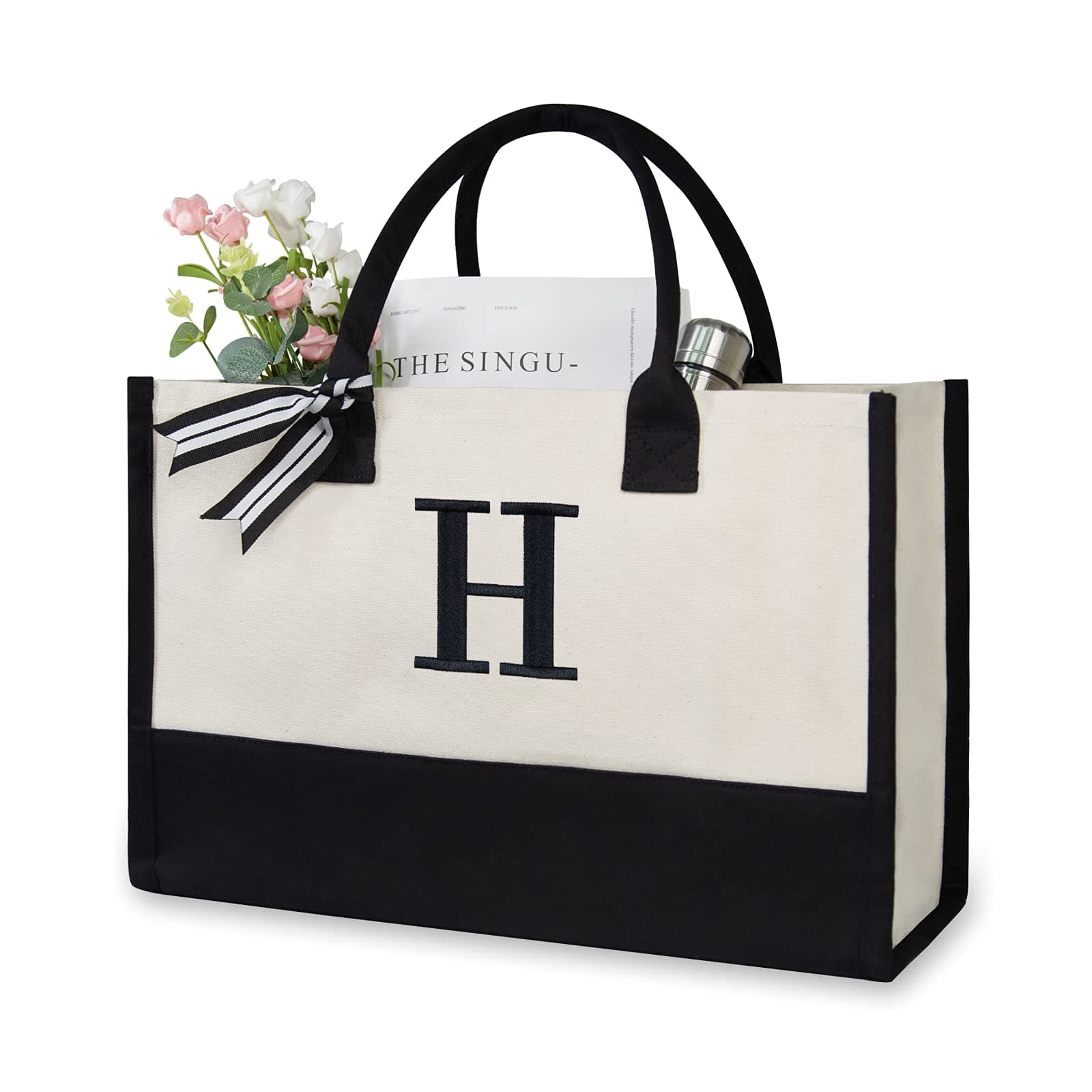 TOPDesign Personalized Initial Canvas Beach Bag, Monogrammed Gift Tote Bag for Women