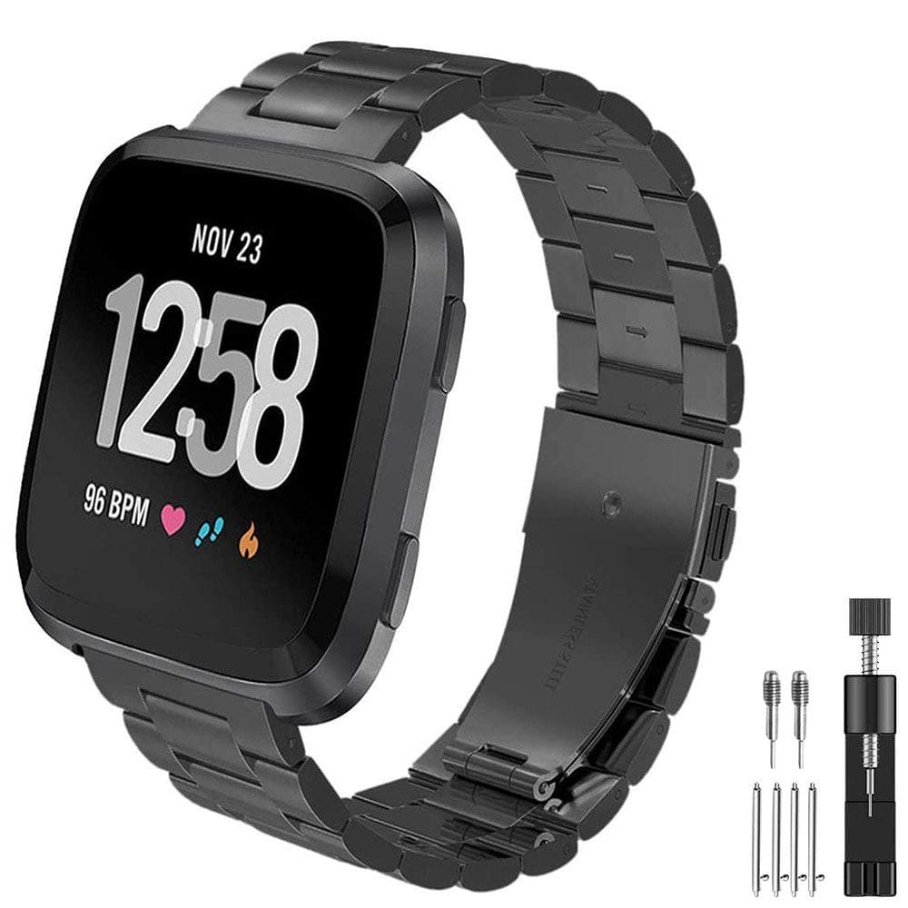 PUGO TOP Strap Compatible for Versa/Versa 2, Stainless Steel Wristbands Metal Loop Watch Strap Replacement Bracelet for Versa Lite Edition or Versa Special Edition-Black