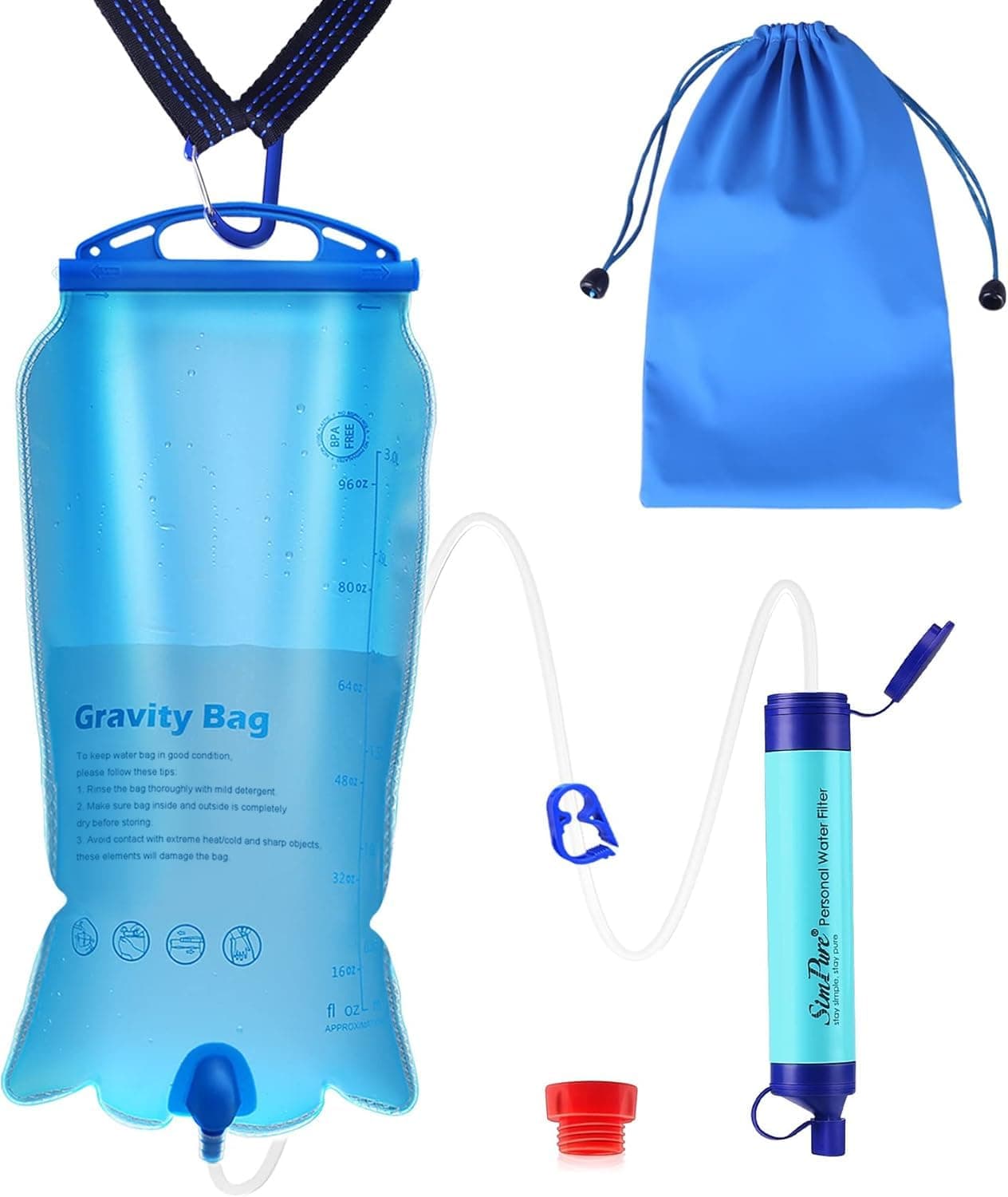 SimPure Gravity Water Filter, Portable Gravity-Fed Water Purifier with 3L Bag, Tree Strap, BPA Free Survival Gear and Equipment for Camping Hiking Emergency Preparedness