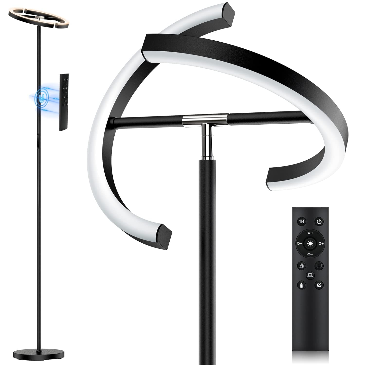 LED Floor Lamp - Rotatable Standing Lamp with Touch & Remote Control, 3000-6000K, 22W Modern Floor Reading Light, Dimmable Corner Uplighter for Living Room Bedroom Office, Black