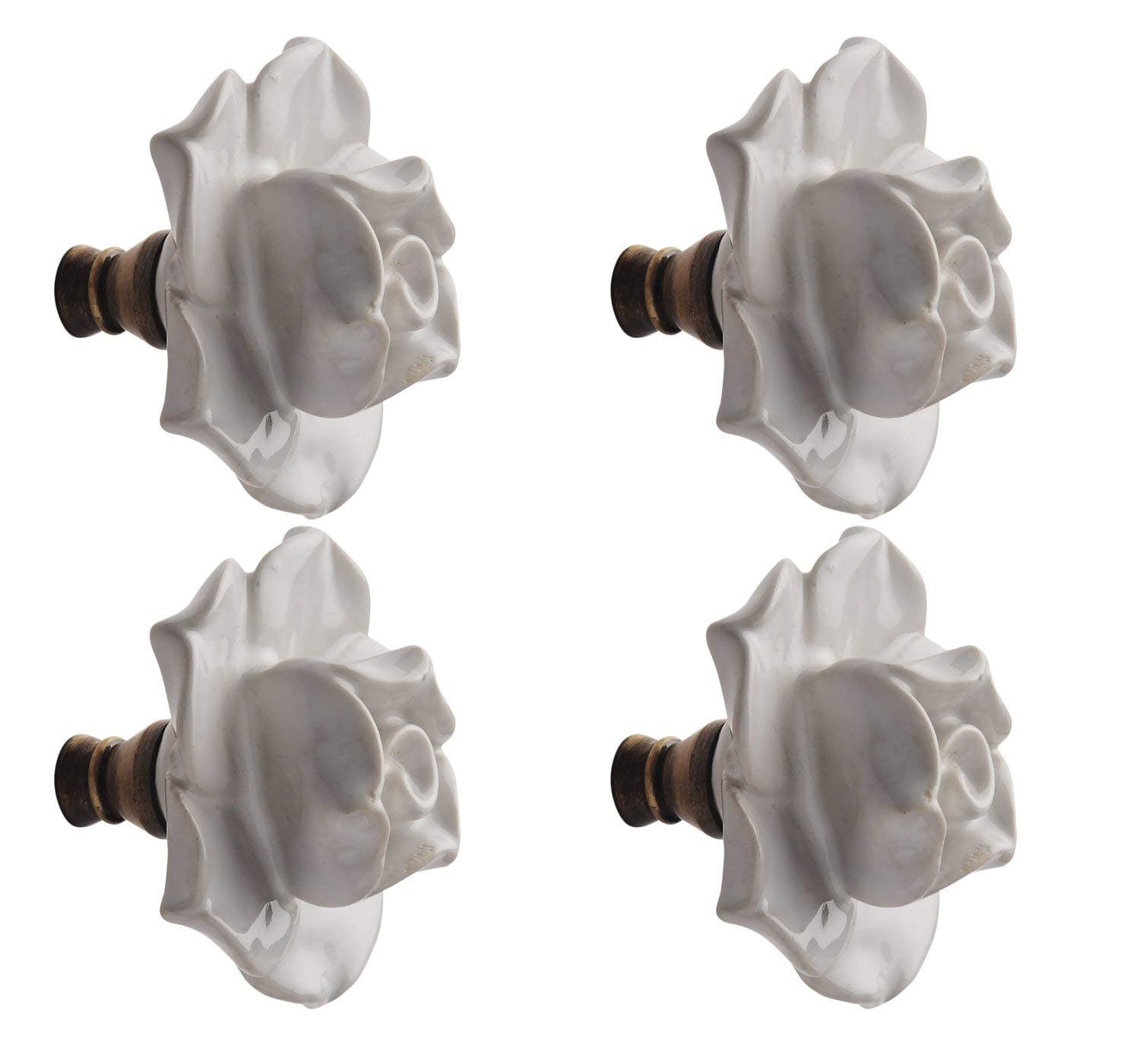 Ceramic Rose Flower Shaped Cabinet Doors/Dra.wers/Wardrobe Pull Handle Knob (White and Brown; 55 x 48 mm) (4)