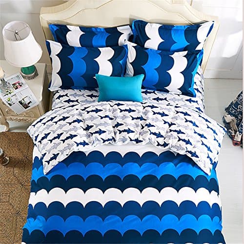 Home Textile Blue Sea Wave With Shark Print Bedding Sets No Comforter,100% Polyester Shark Kids Duvet Cover,(Twin Size,4PC)