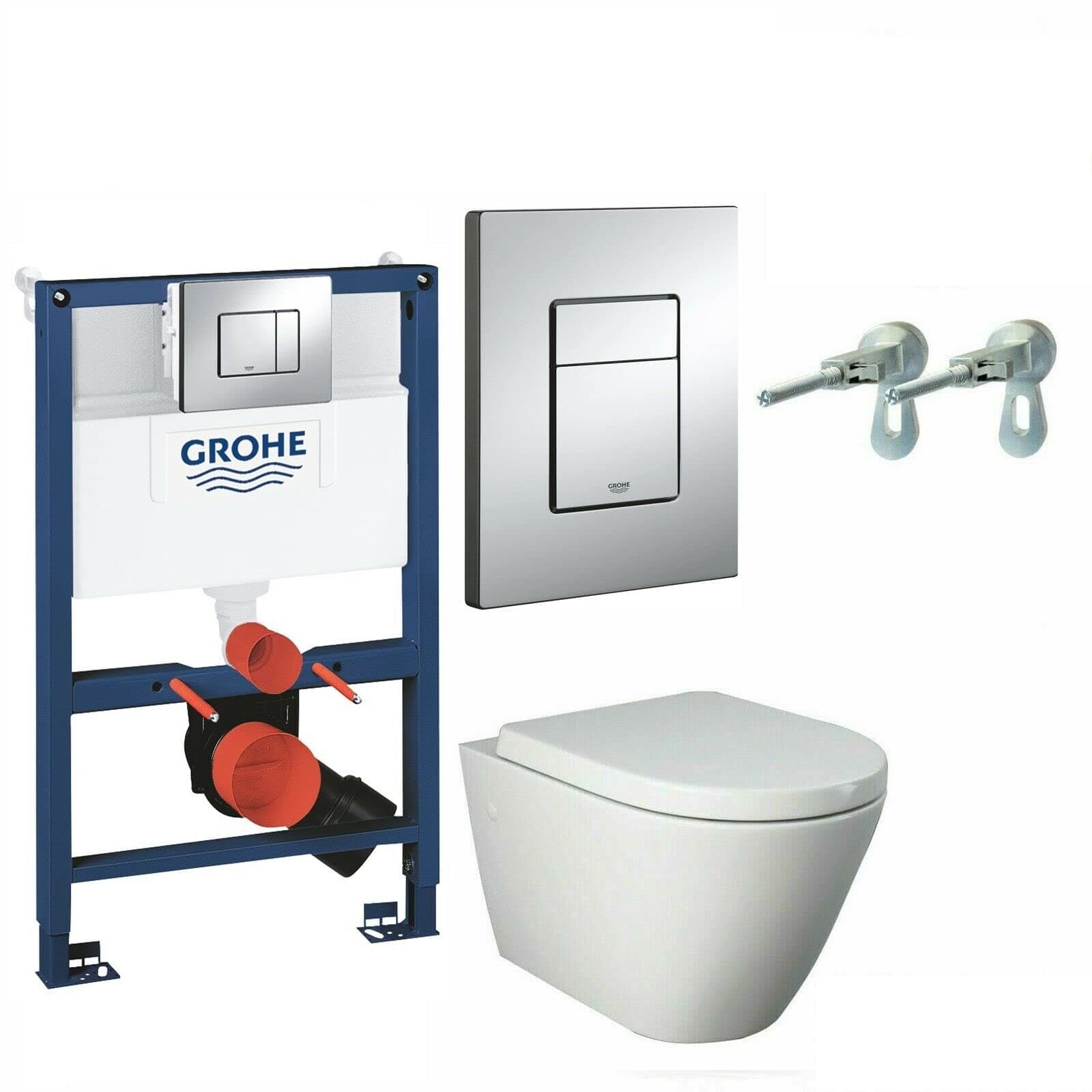 Grohe 0.82m Concealed Cistern Wc Frame 38773000 with RAK Resort Wall Hung Toilet Pan and Soft Close Seat