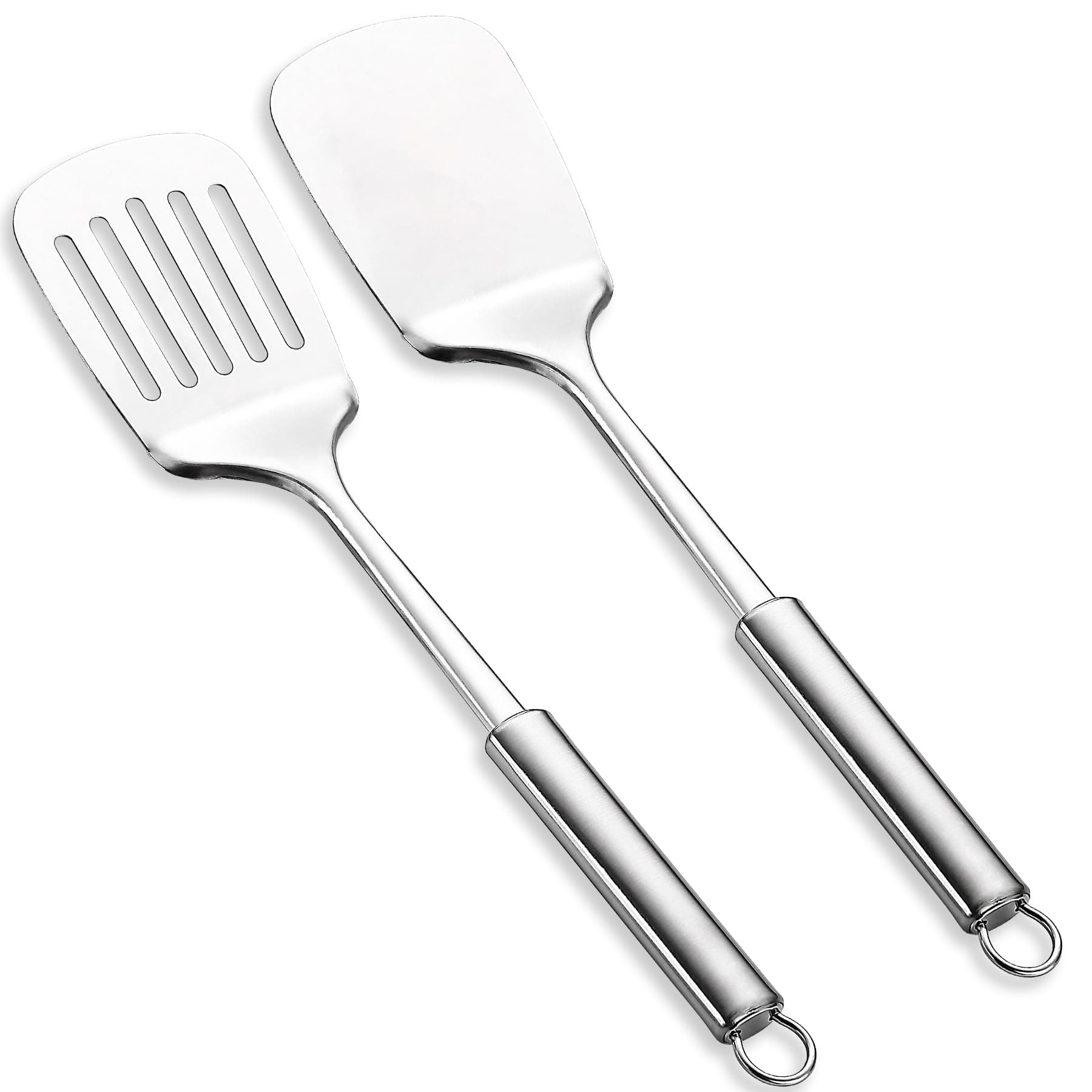 Stainless Steel Spatulas Set, Silver Slotted Turner, Solid Turner, Heavy Duty Sturdy Kitchen Spatula High Heat Resistant, Ideal Cookware for Fish,Eggs,Pancakes, Dishwasher Safe, Easy to Clean
