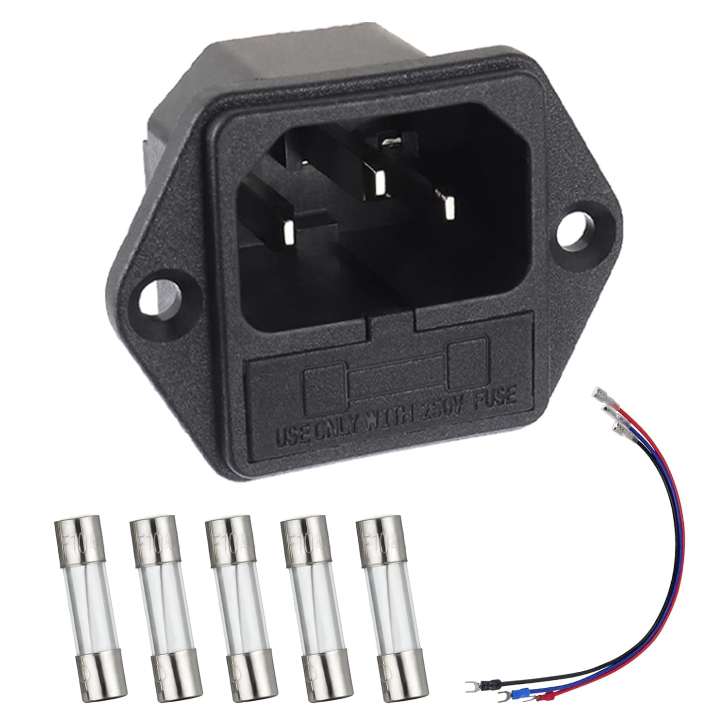 AC 250V 10A 2 in 1 Mount Inlet Module Plug Socket Power Entry Connector Male Blades with 10A Fuse and 18 AWG Extension Cable
