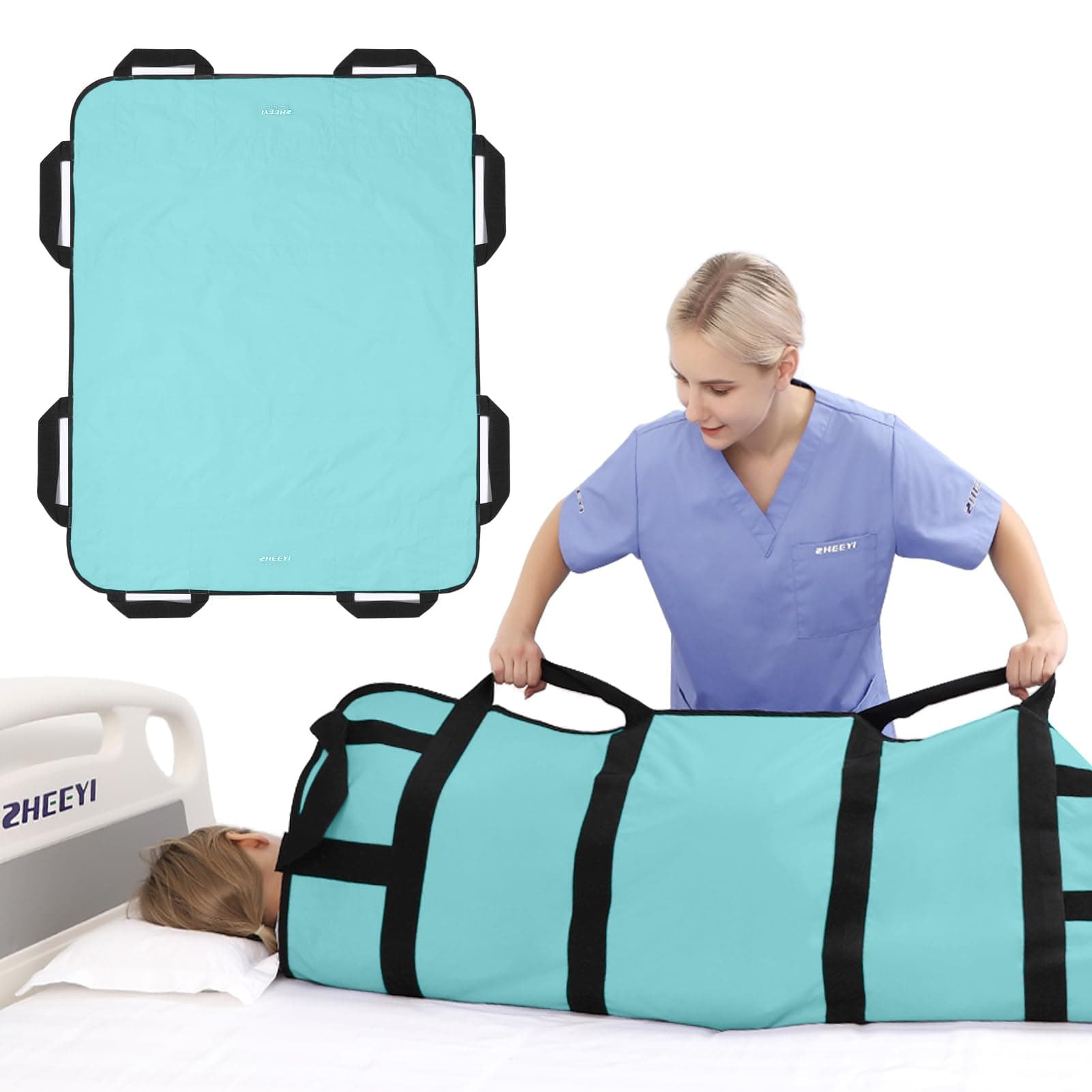 Multipurpose 48" x 40" Positioning Bed Pad with Reinforced Handles - Reusable & Washable Transfer Sheet for Turning, Lifting & Repositioning - Double-Sided Nylon Fabric, Aqua Blue