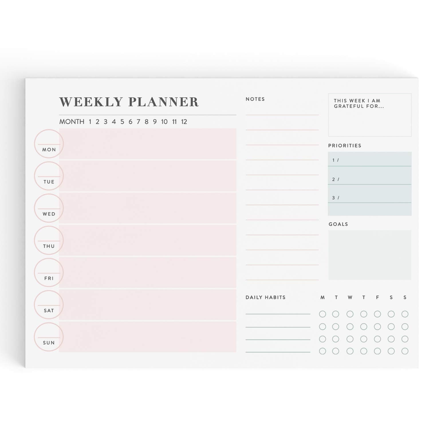Weekly Planner Notepad- To Do List- Undated Planning Pad- Daily Habit Tracker, Goals, Priorities and Gratitude, 60 Tear-off Sheets, 8 in by 11 in, Blush Pink Turquoise Teal Elegant Simple Design