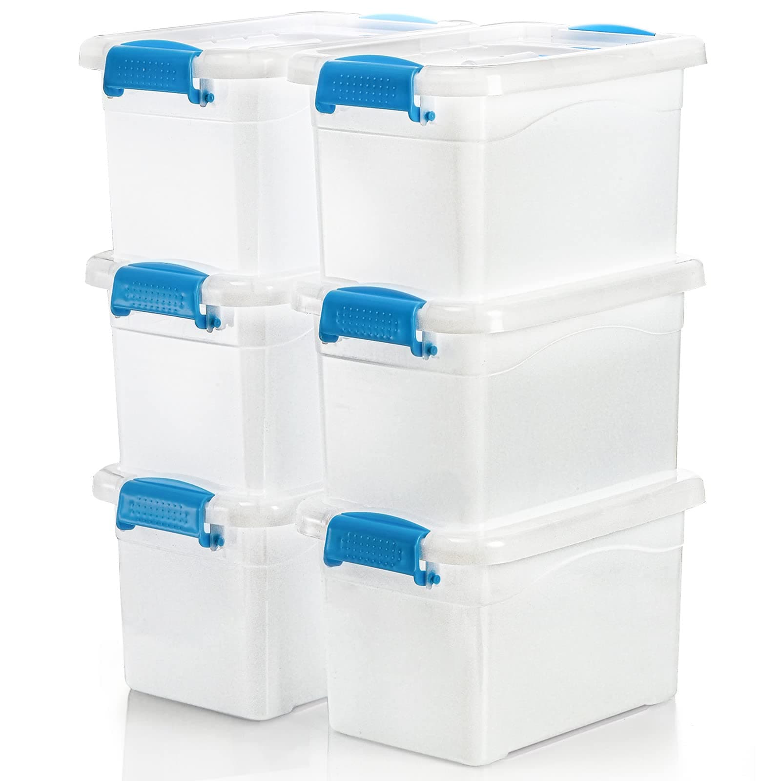 ZOOFOX 6 Pack Plastic Storage Bins with Lids, 6 Quart Stackable Clear Storage Containers, Latching Box for Organizing Snacks, Crafts, Toys, Tools (Blue handle)