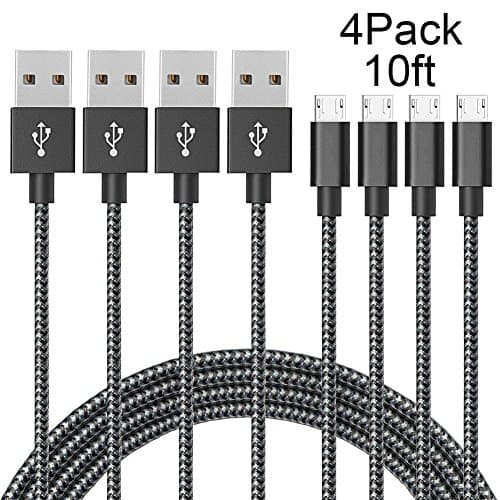 Micro USB Cable, AIKIN 4Pack 10FT Extra Long Nylon Braided High Speed USB to Charging Cables Android Charger Cord Fast Charger for Galaxy S7/S6/S5/Edge,Note 5/4/3,HTC,LG (4Pack 10FT BlackWhite)