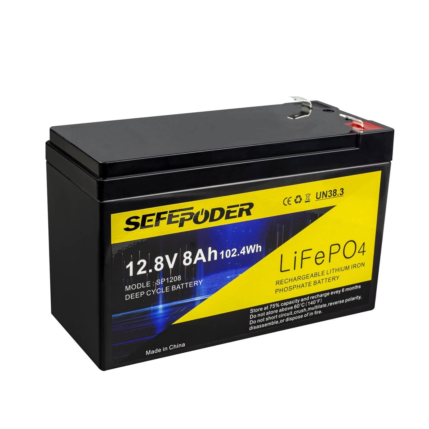 SEFEPODER 12V 8Ah LiFePO4 Lithium Deep Cycle Battery, 2000+ Cycles Rechargeable Battery for Solar/Wind Power, Lighting, Power Wheels, Fish Finder and More with Built-in 8A