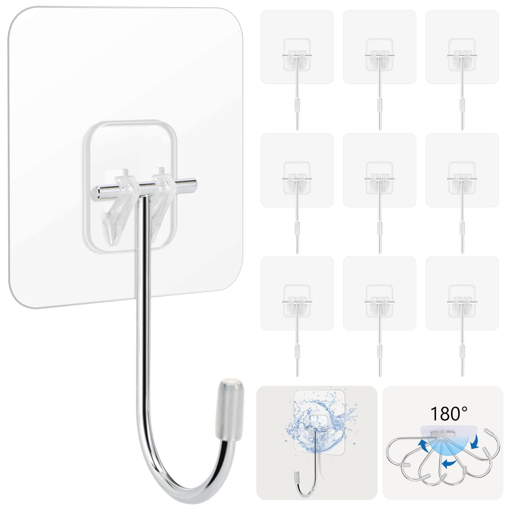 Large Adhesive Hooks 10-Pack, Hooks for Hanging Heavy Duty 22lbs(Max), Waterproof and Rustproof Wall Hooks, Stainless Steel Towel and Coats Hooks to Use Inside Kitchen, Bathroom, Home and Office