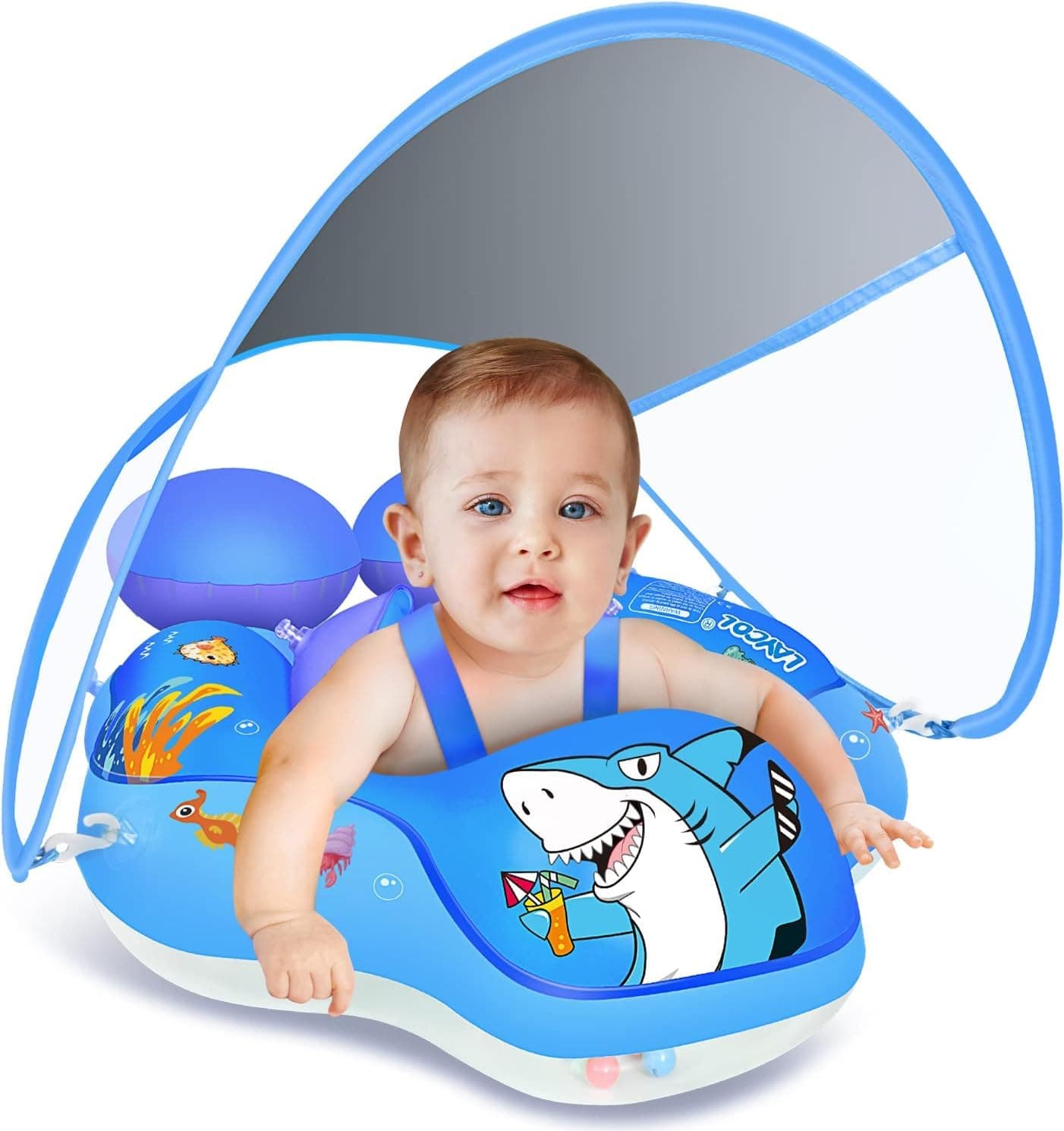 Upgraded No Flip Over Baby Pool Float, Baby Float with Canopy UPF50+, Inflatable with Double Air Chambers,Five Safety Protection Anti-flip Safe, Baby Swimming Float with 2 Tail for 6-36 Months