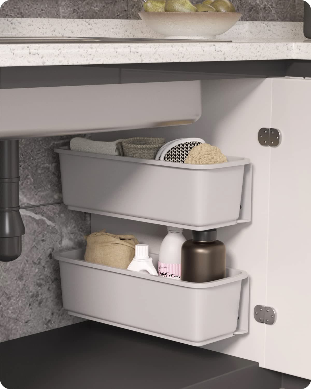 Baffect 2 x Kitchen Cabinet Basket Organizers, Slide Plastic Storage Drawers, Under the Sink, Furniture Organizer, Sliding Drawer for Kitchen, Bathroom Undersink (Grey)