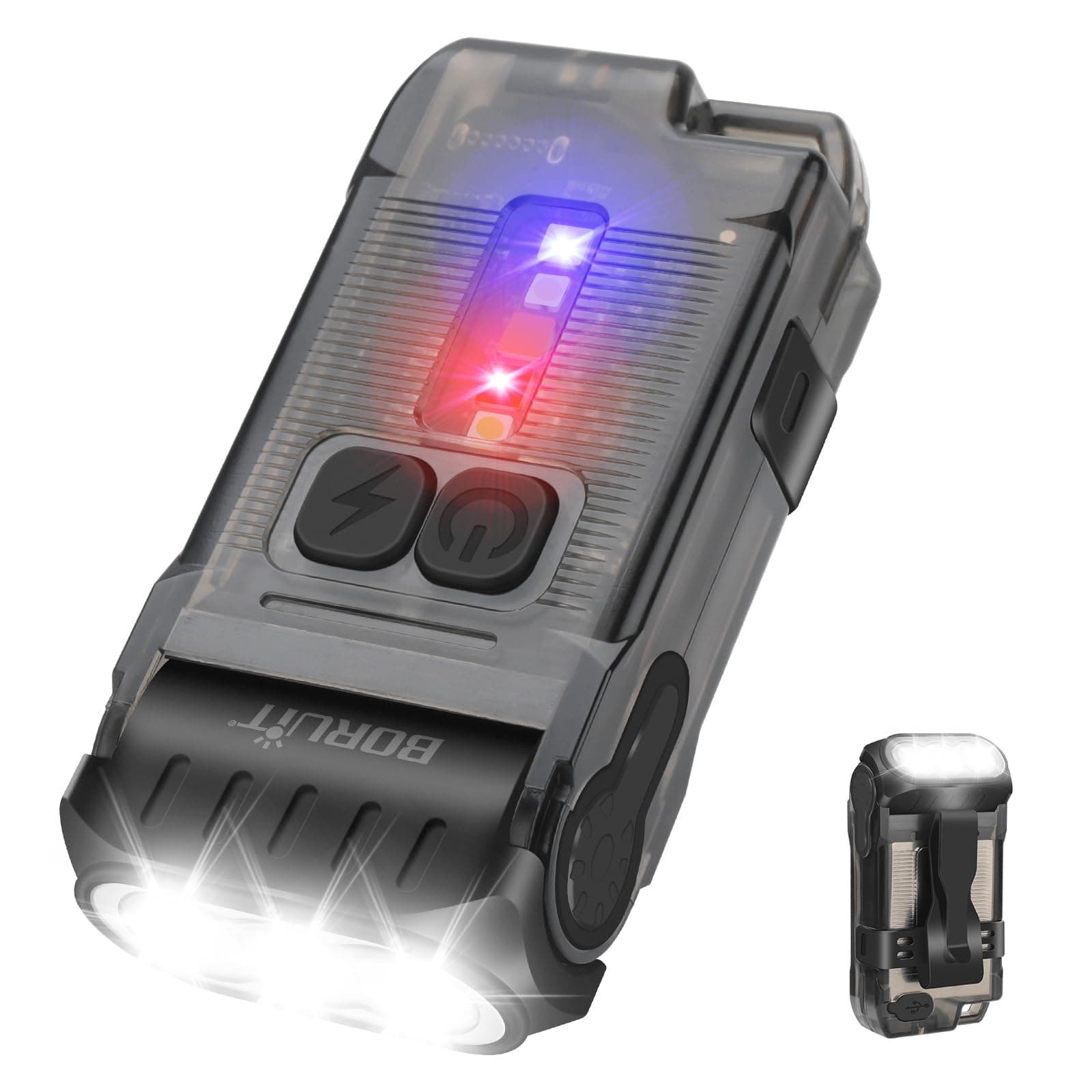 BORUIT V15 LED Small Powerful EDC Flashlight with Warm White Red Light,Super Bright USB C Rechargeable 10 Modes Mini Pocket Keychain Flash Light with Clip,IP67 Waterproof,80°Head Swivels,Tail Magnet