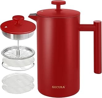 French Press Coffee Maker, 304 Grade Stainless Steel Insulated Coffee Press with 2 Extra Screens, 34oz (1 Litre), Red