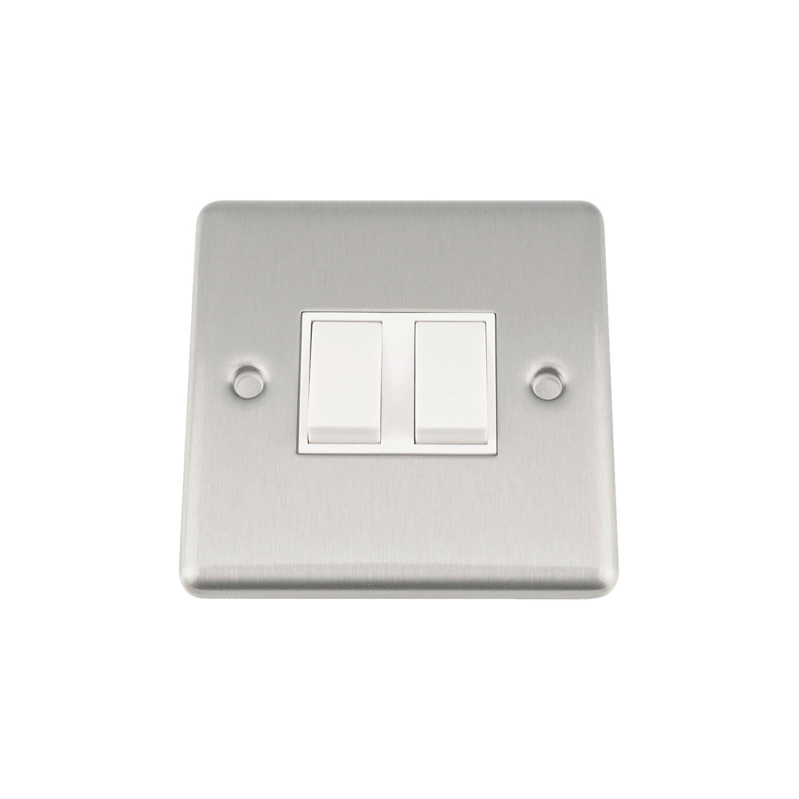 A5 Light Switch Double 2 Gang Satin Brushed Chrome Classic - White Insert - Plastic Rocker Switches - 10A 1 Gang 2 Way