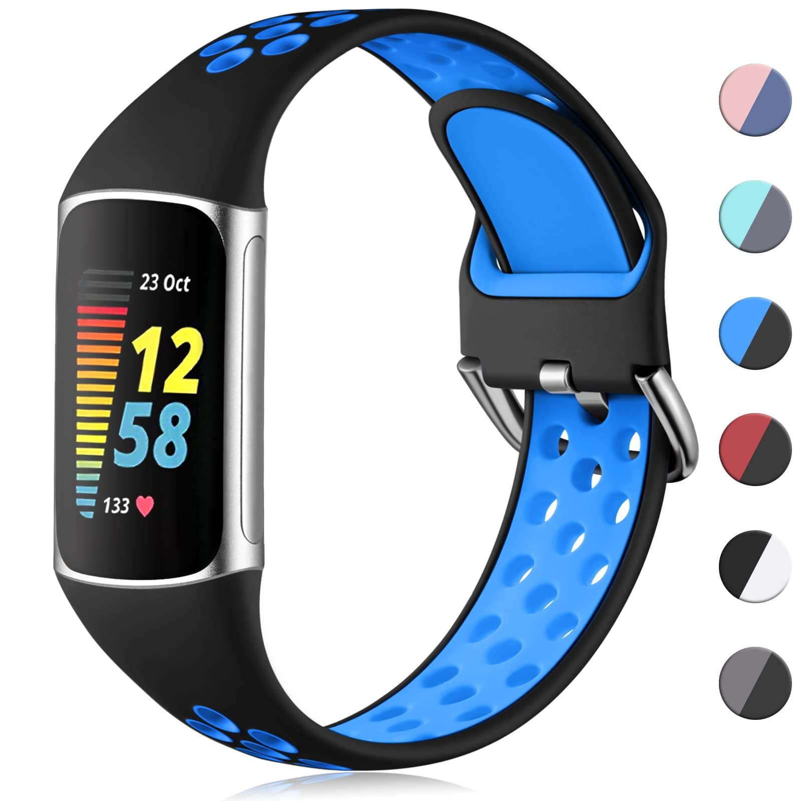 CeMiKa Sport Silicone Strap Compatible with Fitbit Charge 5 Strap/Fitbit Charge 6 Strap, Waterproof Soft Adjustable Breathable Sport Bands for Charge 5 Strap/Charge 6 Strap, Small Large