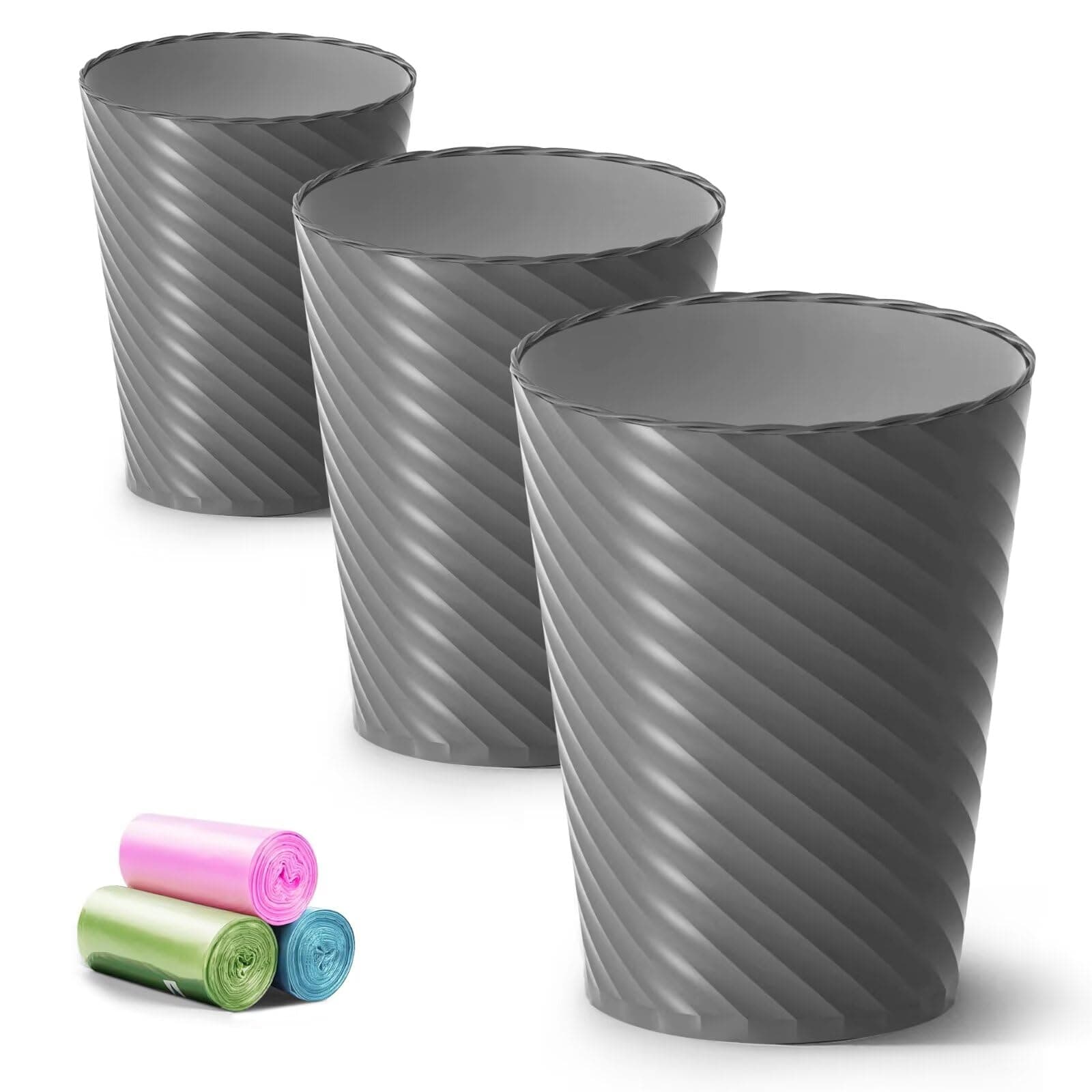 Lysam Bathroom Trash Can, 3 Pack 1.8 Gallons Small Trash Can with Trash Bags, Bathroom Garbage Can, Plastic Trash Bin, Round Waste Basket for Bath，Bedroom, Office, Kitchen, Room, Compact Space (Grey)