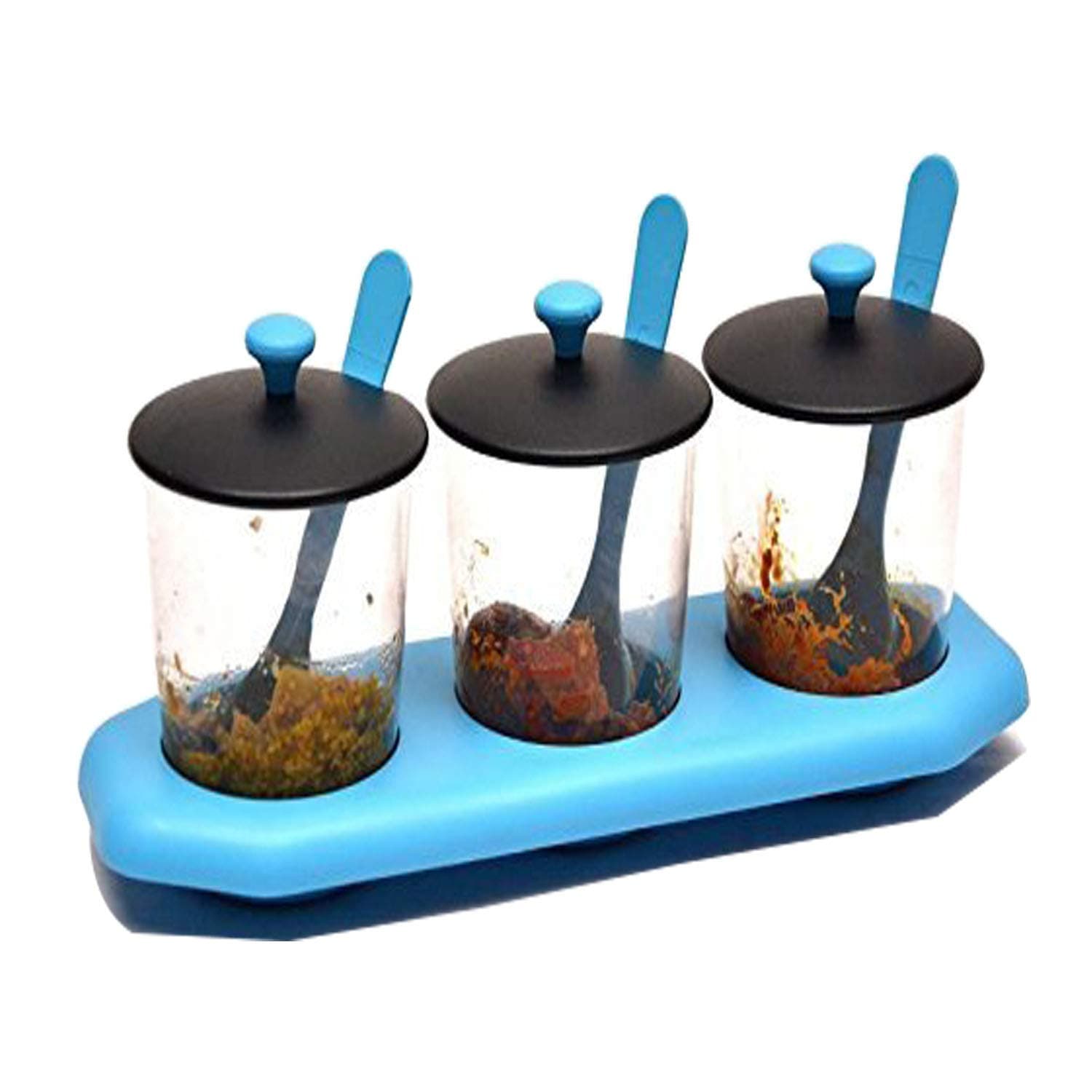 Multipurpose Spice or Storage Jar with Spoons, Multipurpose Revolving Pickle Jar Set for Dining Achar Jars & Stand, Container Set of 3 Jars with Lids, Spoons and Tray Holder Chutneys/Pickles/Spices J