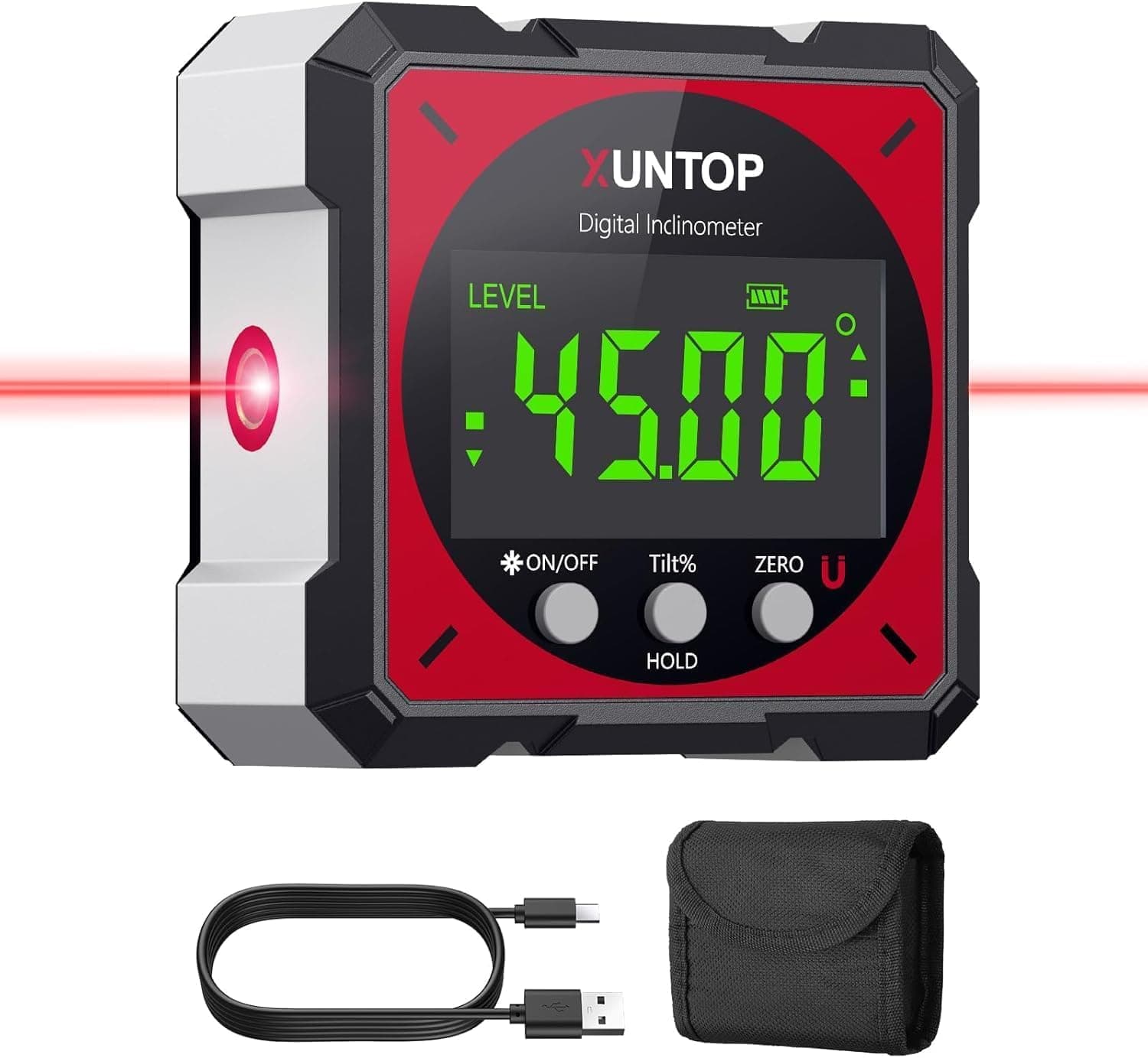 XUNTOP USB Charging Digital Angle Finder Level Box with Laser (Class 2, <1mW Output), 4-side Strong Magnetic Angle Gauge IP54 Waterproof Inclinometer Level for Hanging Decorations Woodworking