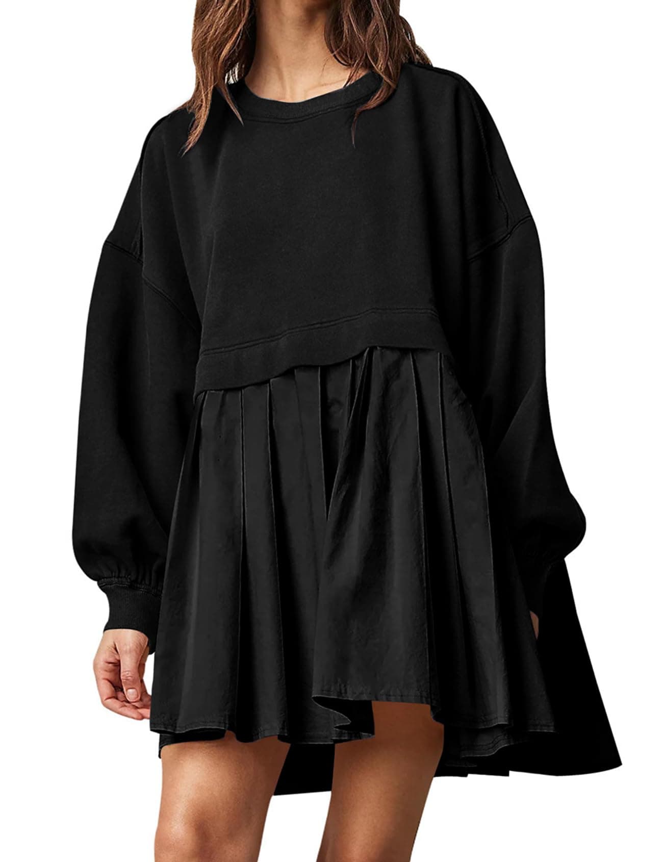 Yimoon Womens Oversized Sweatshirt Dress Long Sleeve Crewneck Patchwork Pullover Top Casual Flowy Sweatshirt Mini Dress