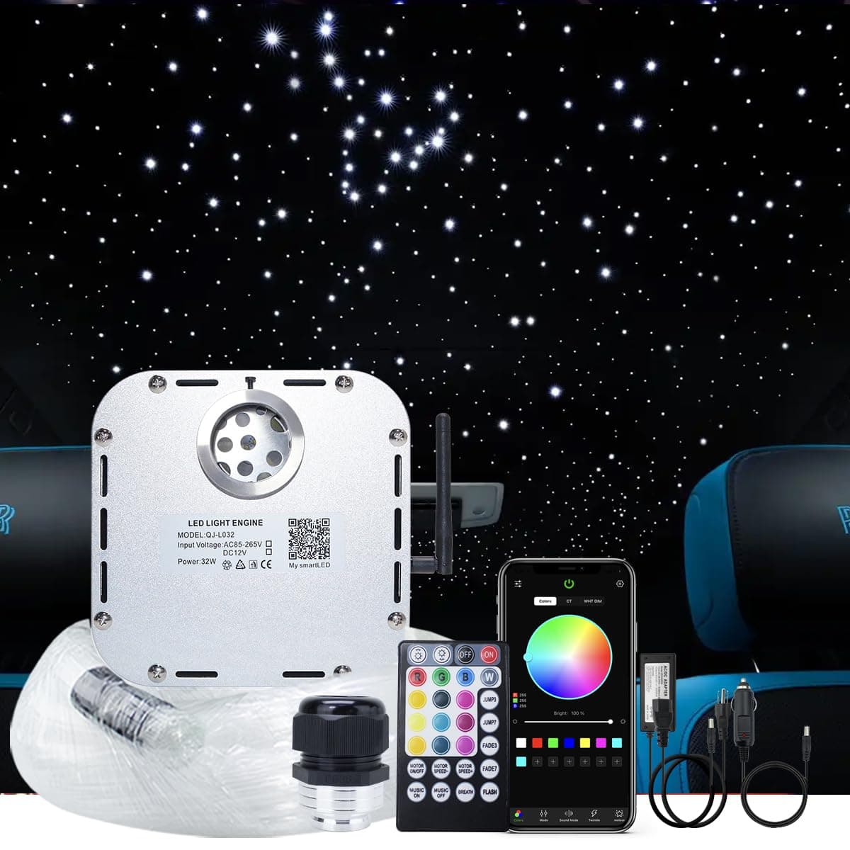 AKEPO 32W RGBW APP+Twinkle+Music Control Fiber Optic Lights Kit Star Ceiling Sky Light, 400pcs of Mixed Φ (0.75+1+1.5+2mm) 13.1ft/4m Optical Fiber Cable and Crystals for Car & Media Movie Room Decor