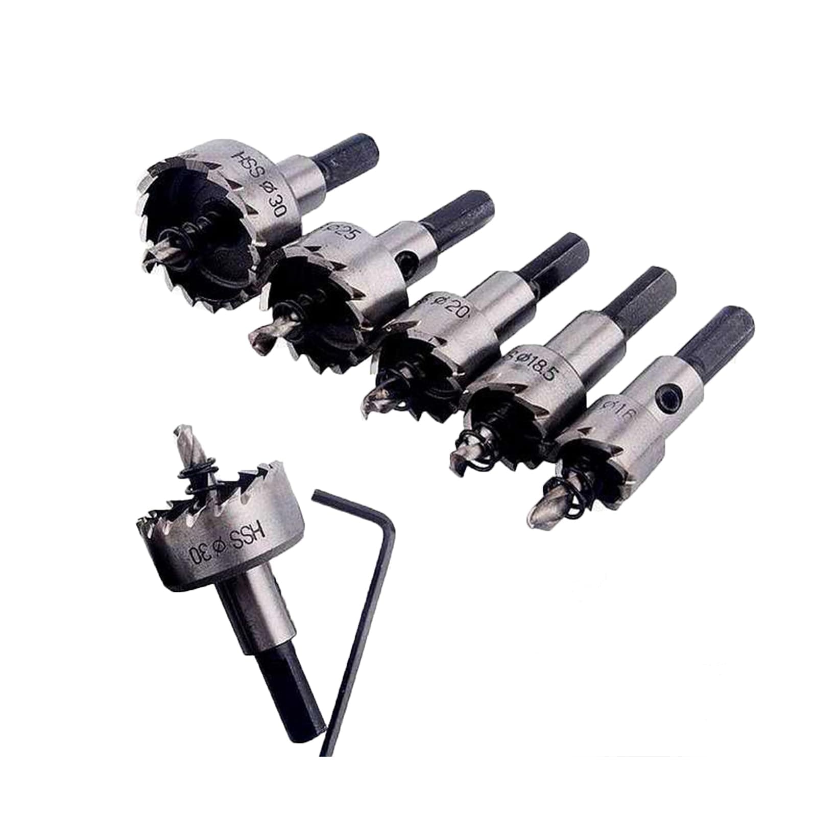 Nityunn 5 Count Hole Saw Drill Bit Set 16-30 mm HSS, Titanium Coated Carbide Tooth, Hex Shank, Spiral Flute, For Wood, Iron, Cast Stainless Steel, F.R.P, Sheet Metal