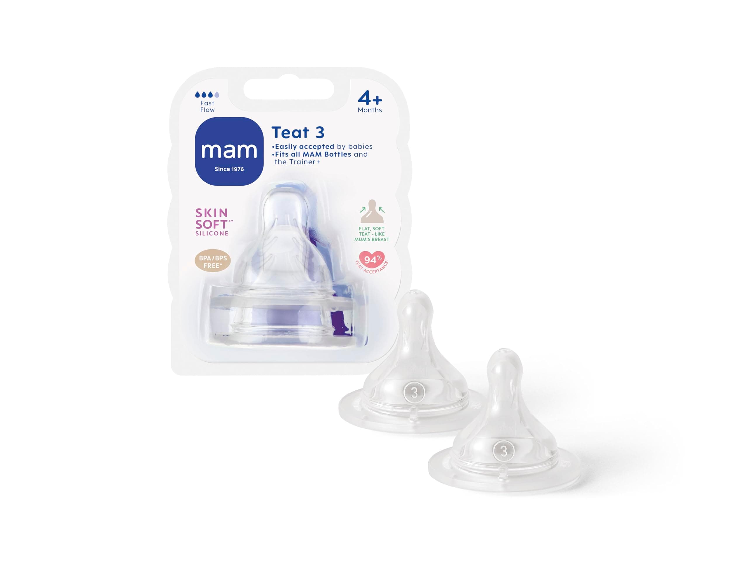 Teats Size 3, Suitable for 4+ Months, MAM Fast Flow Teats with SkinSoft Silicone, Fits all MAM Baby Bottles, Baby Feeding Essentials, Pack of 2