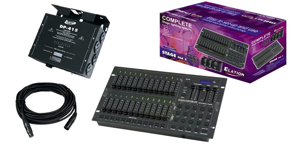 Elation Control 24 channel dimmer control system includes dimmer board and 2 dimmer packs and is expandable to run more DP-415 dimmers. For use with conventional pars