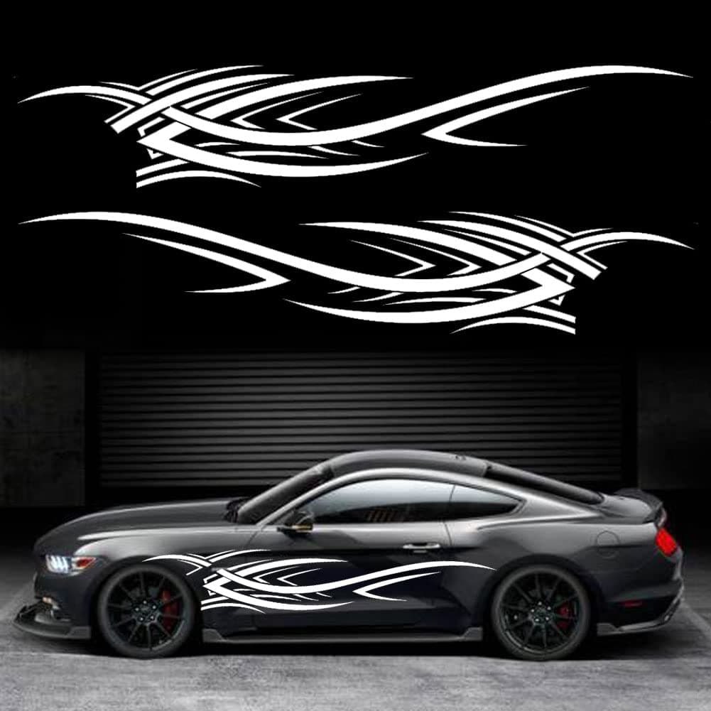 2Pcs 94.4'' Universal Flame Graphics Car Auto Body Side Sticker Racing Sports Self-Adhesive Side Strip Decal Decoration Accessories for Truck SUV Off-Road Vehicles (Style2 White)