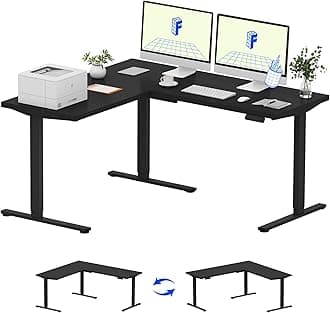 L Shaped Standing Desk, 63 x 55 Inch Electric Height Adjustable Corner Desk, Sit Stand Computer Workstation, Preset Controller, Home Office, Black Frame with Black Top