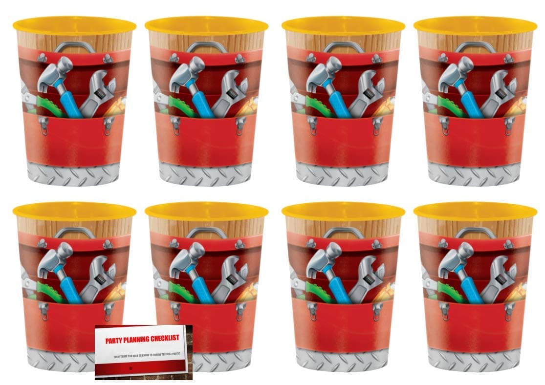 Handyman Construction 16 oz Plastic Favor Cups 8 Pack (Plus Party Planning Checklist by Mikes Super Store)