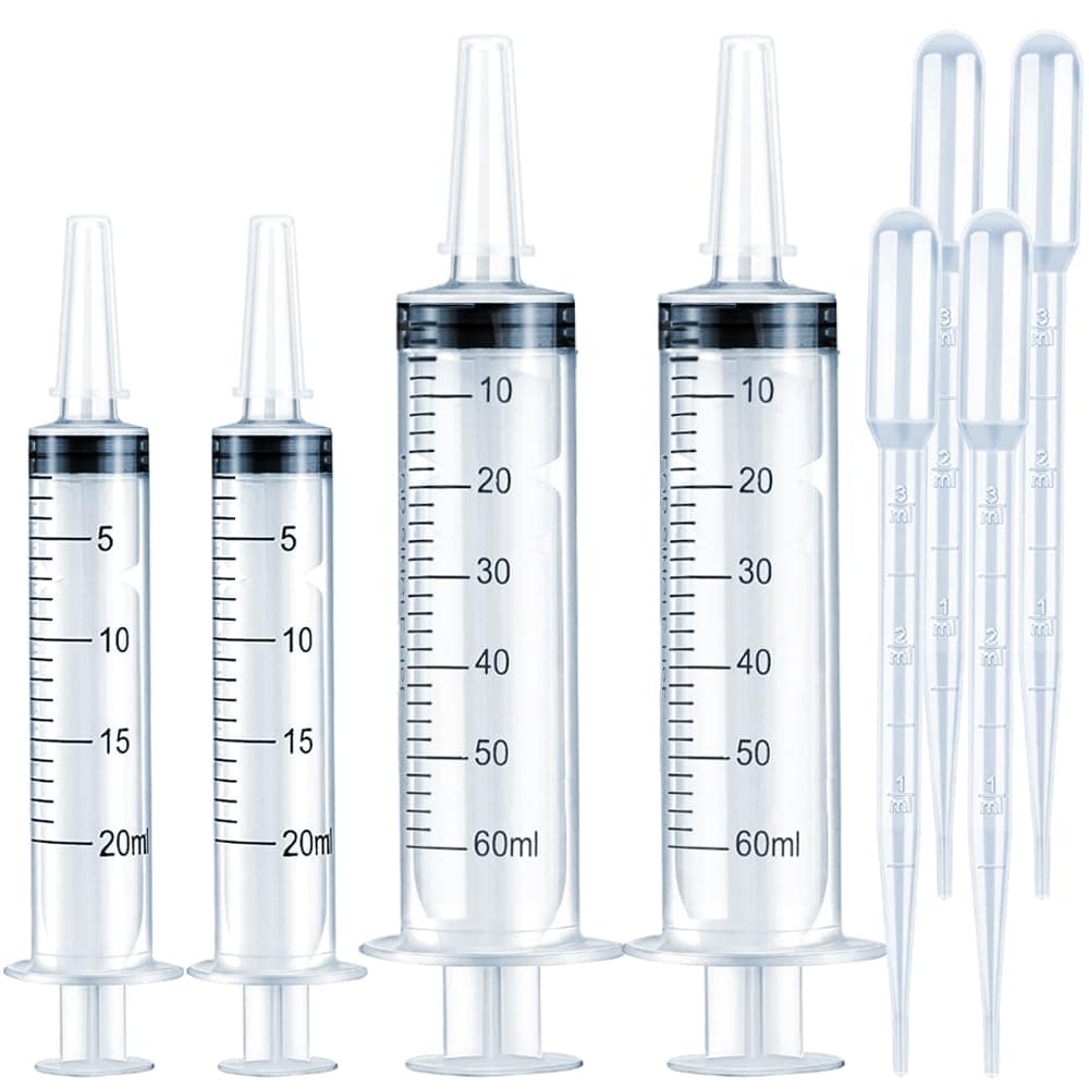 4 Pack Large Syringes for Liquid, 20ml & 60ml Plastic Syringe for Measuring, Lip Gloss TKP Lipgloss Base Flavoring Oil Food Oral Medicine Injection Feeding- with Tip Cap and Pipettes