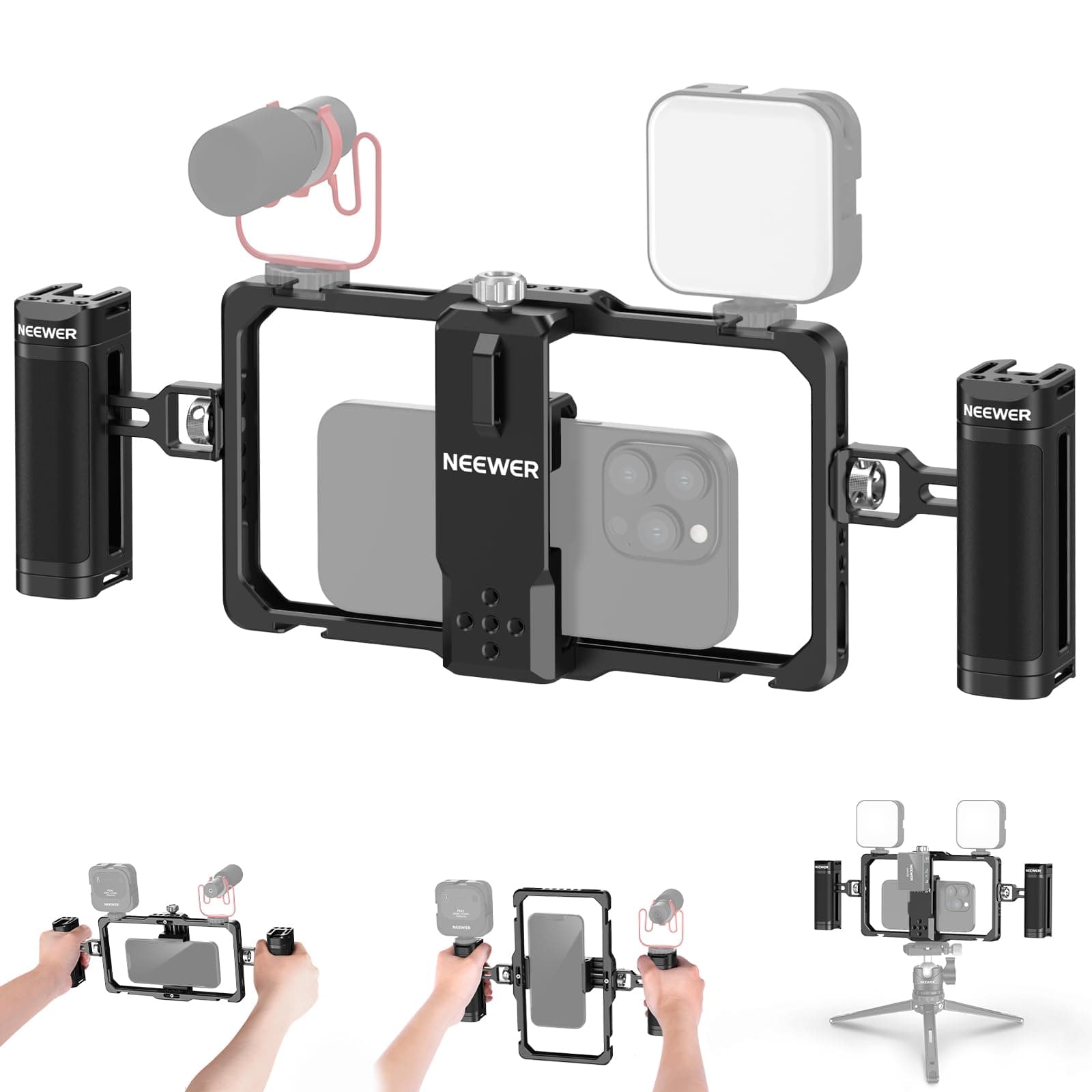 Upgraded Phone Rig Vlogging Kit, Video Stabilizer with Dual Handle, Wireless Mic Clip Slot for TikTok YouTube, Compatible with SmallRig iPhone 17 Pro Max 16 16e 15 Galaxy S25 Ultra, PA009