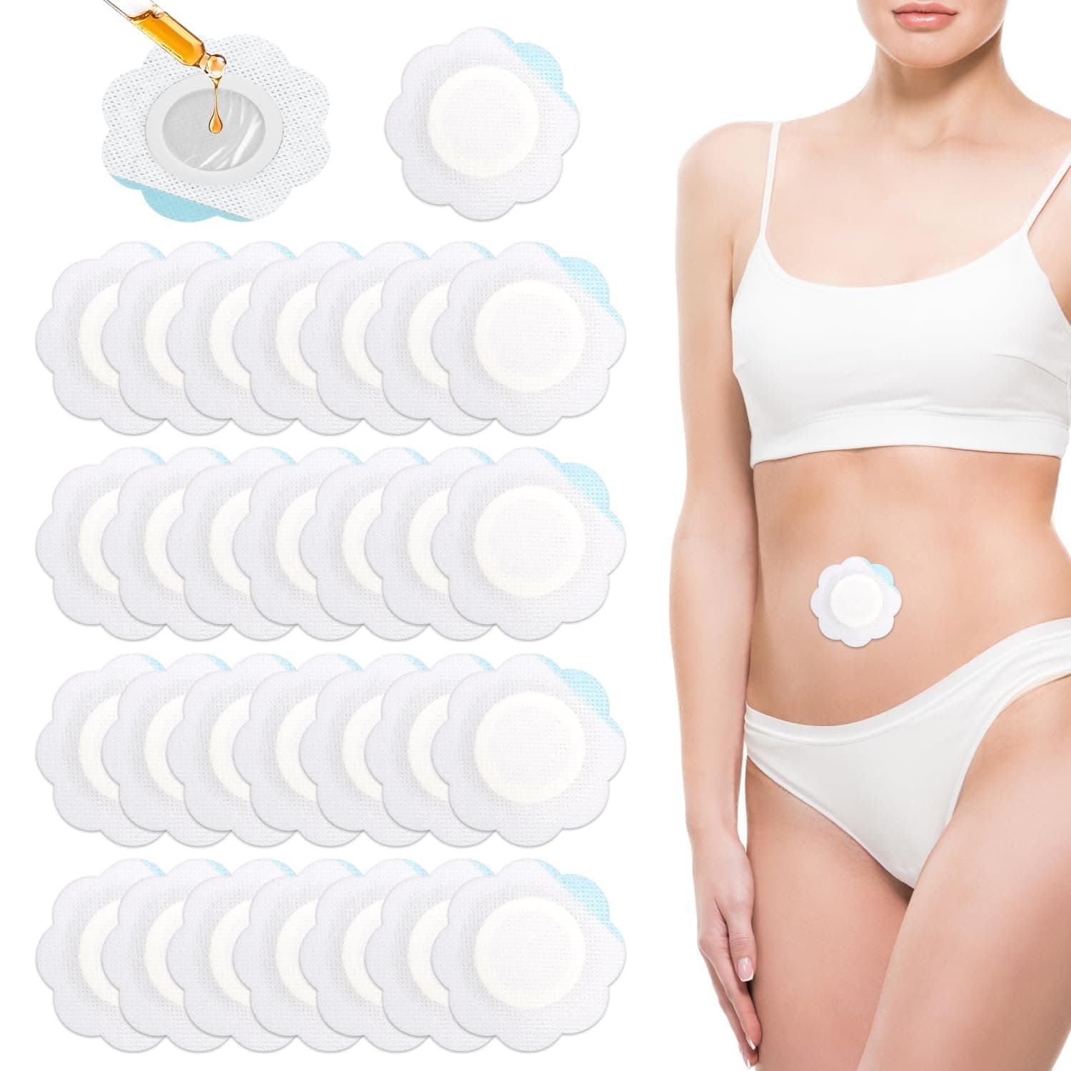 30pcs Castor Oil Pack Wrap for Belly Button, Self-Adhesive Disposable Castor Oil Belly Button Wrap Pads Spunlace Cloth Highly Absorbent Organic Cover Compress Patches No Wash (Oil Not Included)