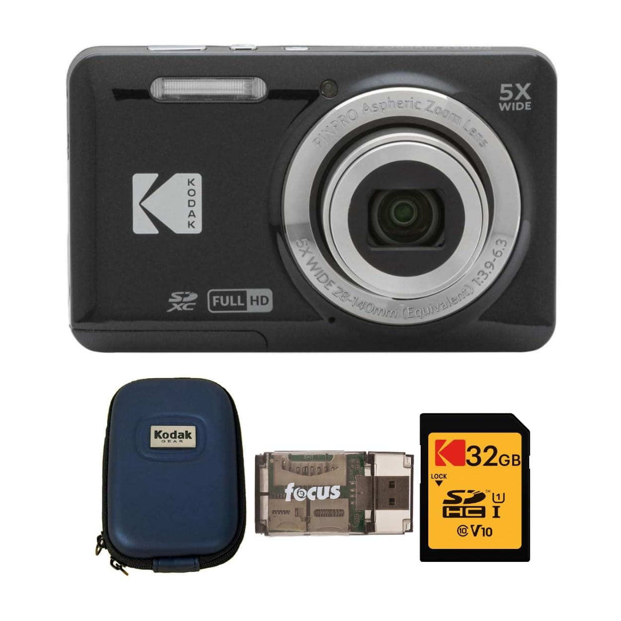 Kodak PIXPRO Friendly Zoom FZ55 Digital Camera (Black) Bundle with Camera Case, 32GB Class 10 UHS-I U1 SDHC Memory Card and USB 2.0 Card Reader (4 Items)
