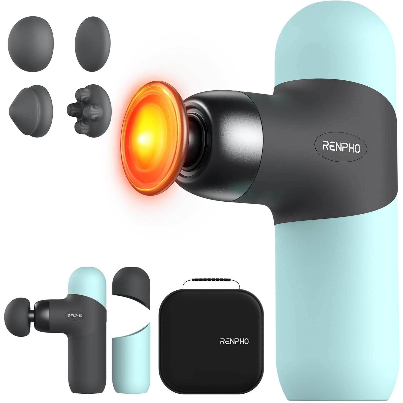 RENPHO Mini Thermal Massage Gun with Heat Function, Mini Massage Gun, Portable Fashionable Percussion Massager, with Coloured Silicone Sleeves, Travel Size with Carry Bag, for Muscle Massage, Blue