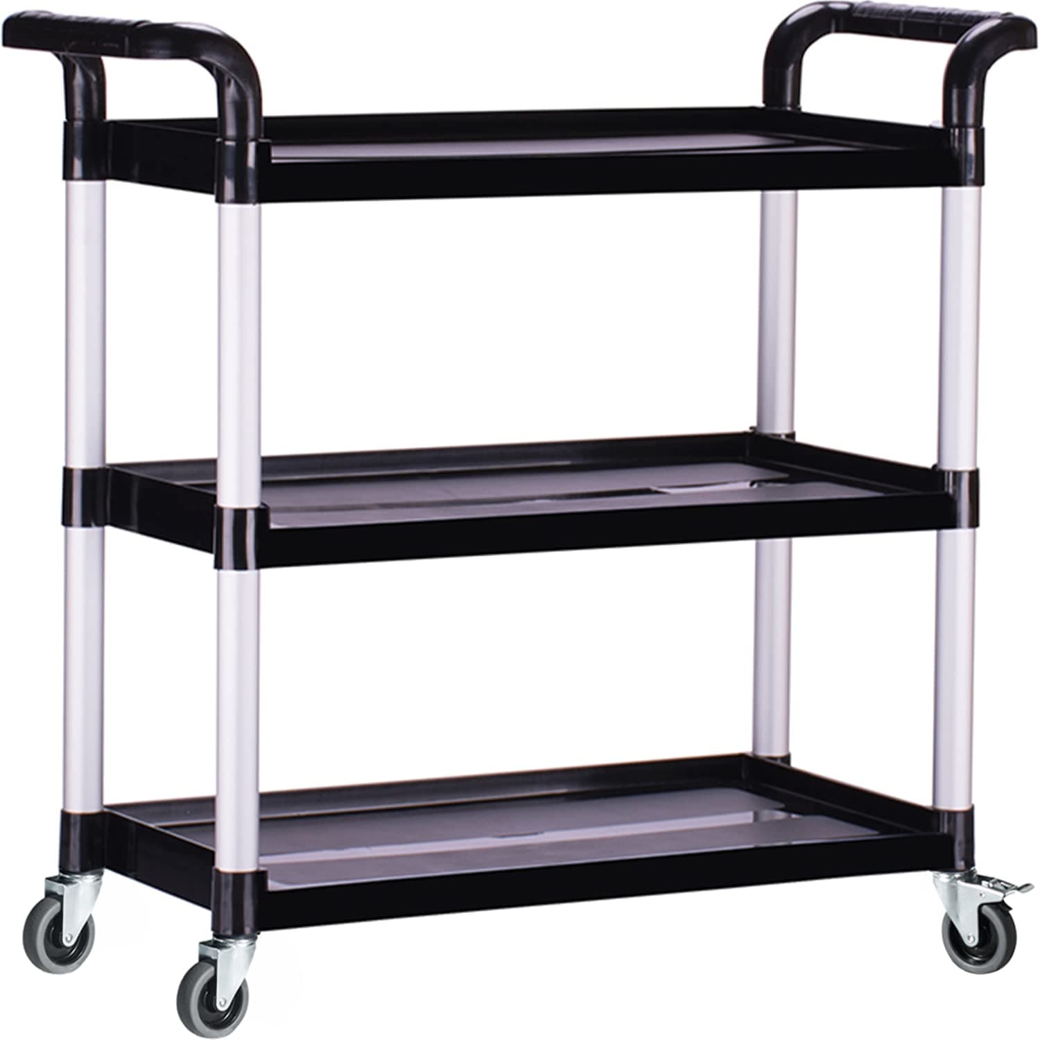 3-Tier Rolling Plastic Service Cart, 480lbs Capacity Utility Carts with Wheels Heavy Duty 3 Shelf Tool Cart Restaurant Food Carts for Office, Warehouse, Garage (Lockable Wheels, Black)